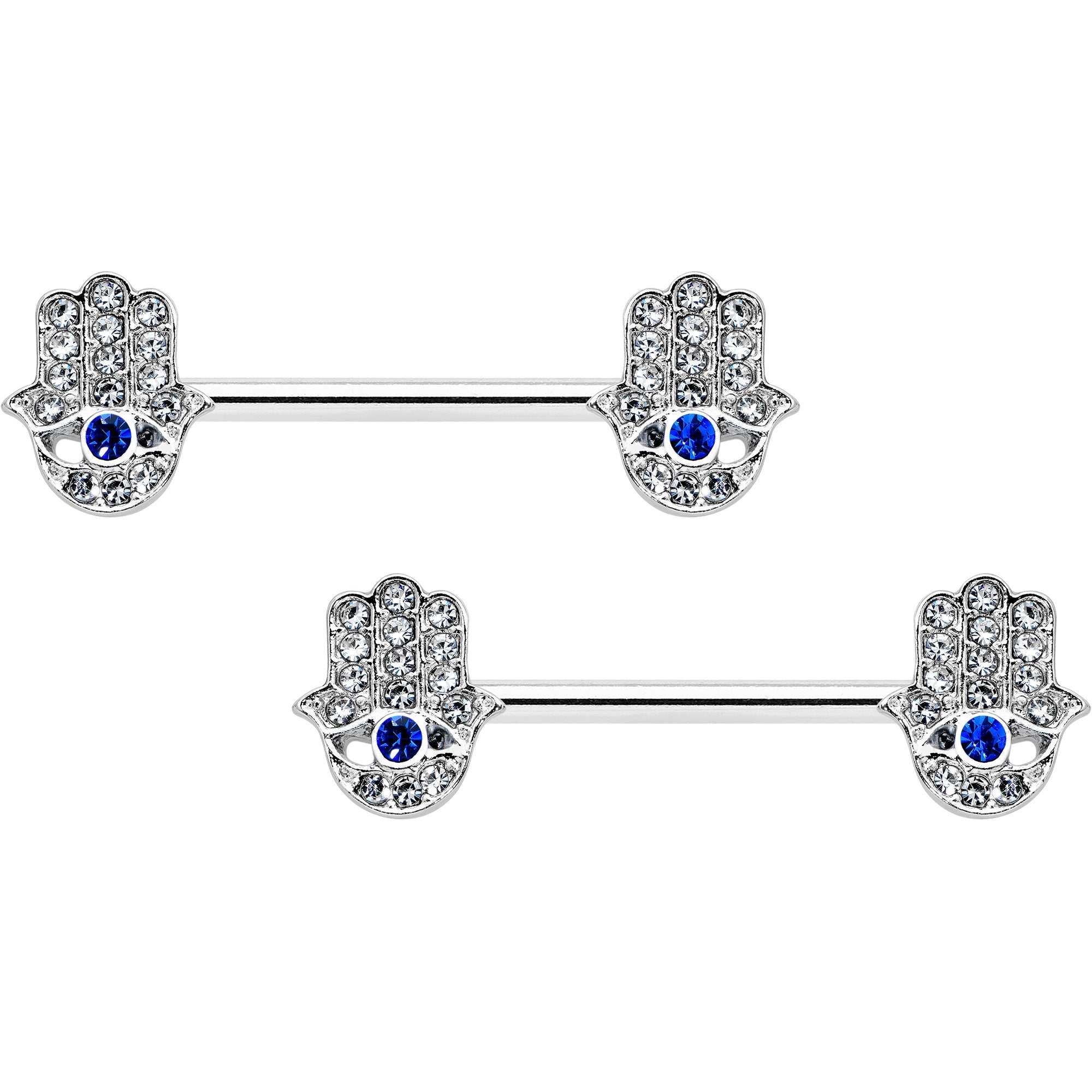 BodyCandy 14G 9/16 Clear Blue Gem Eye Hamsa Hand Barbell Nipple Ring Set — main product shot