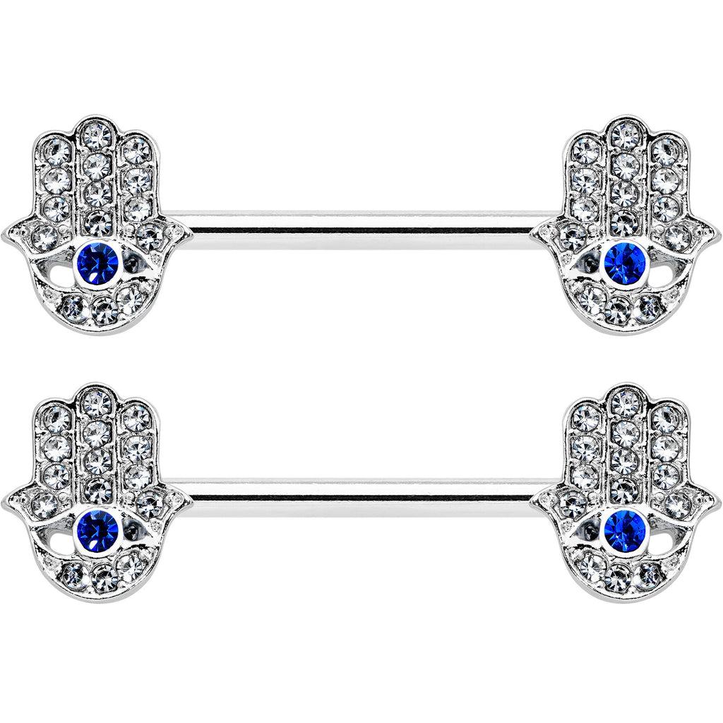 BodyCandy 14G 9/16 Clear Blue Gem Eye Hamsa Hand Barbell Nipple Ring Set — detail close-up