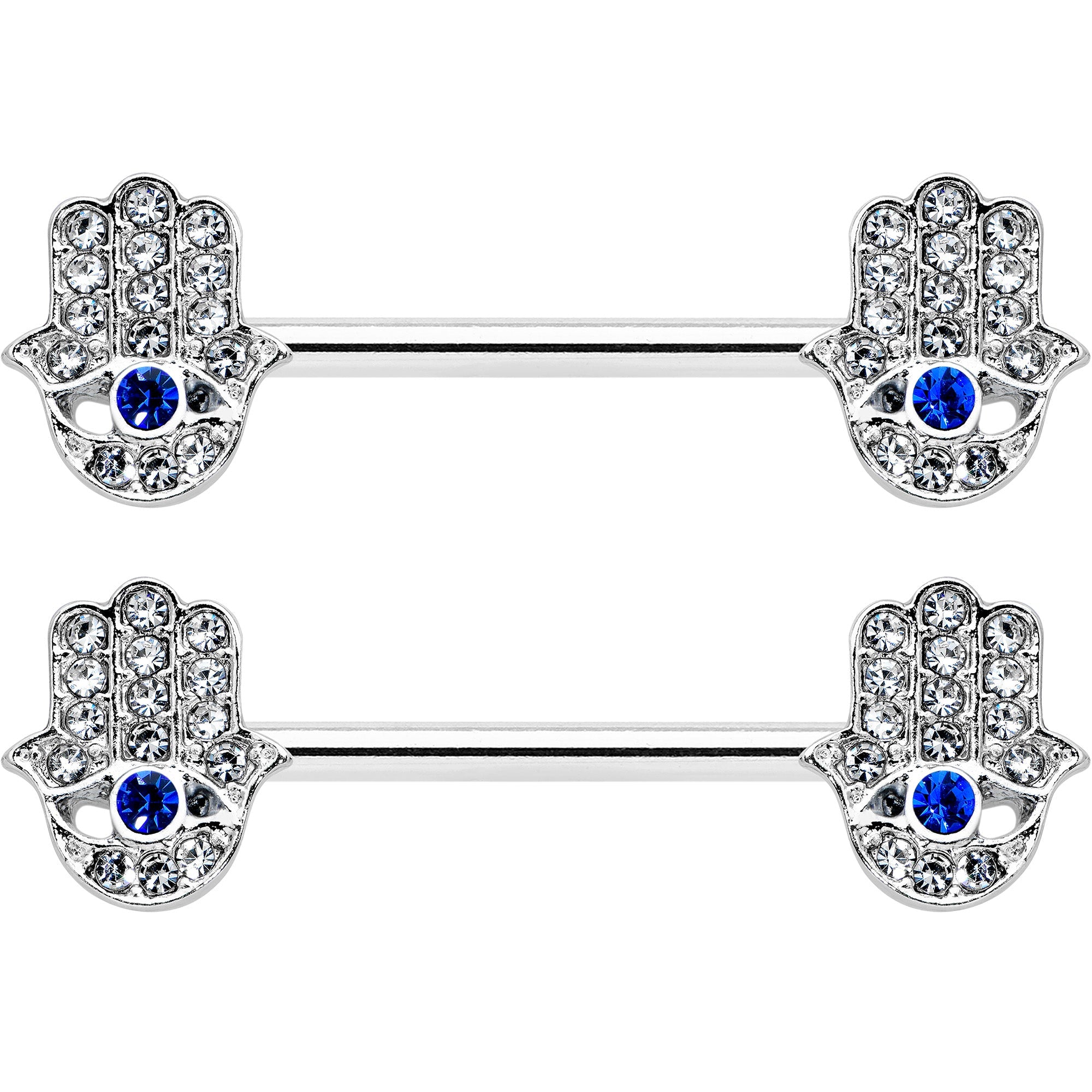 BodyCandy 14G 9/16 Clear Blue Gem Eye Hamsa Hand Barbell Nipple Ring Set — detail close-up