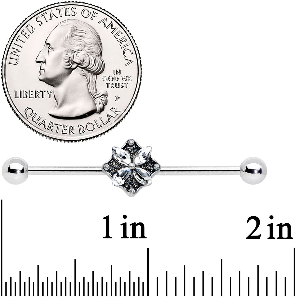 BodyCandy 14G Clear Gem Floral Rhombus Baroque Industrial Barbell 38mm — detail close-up