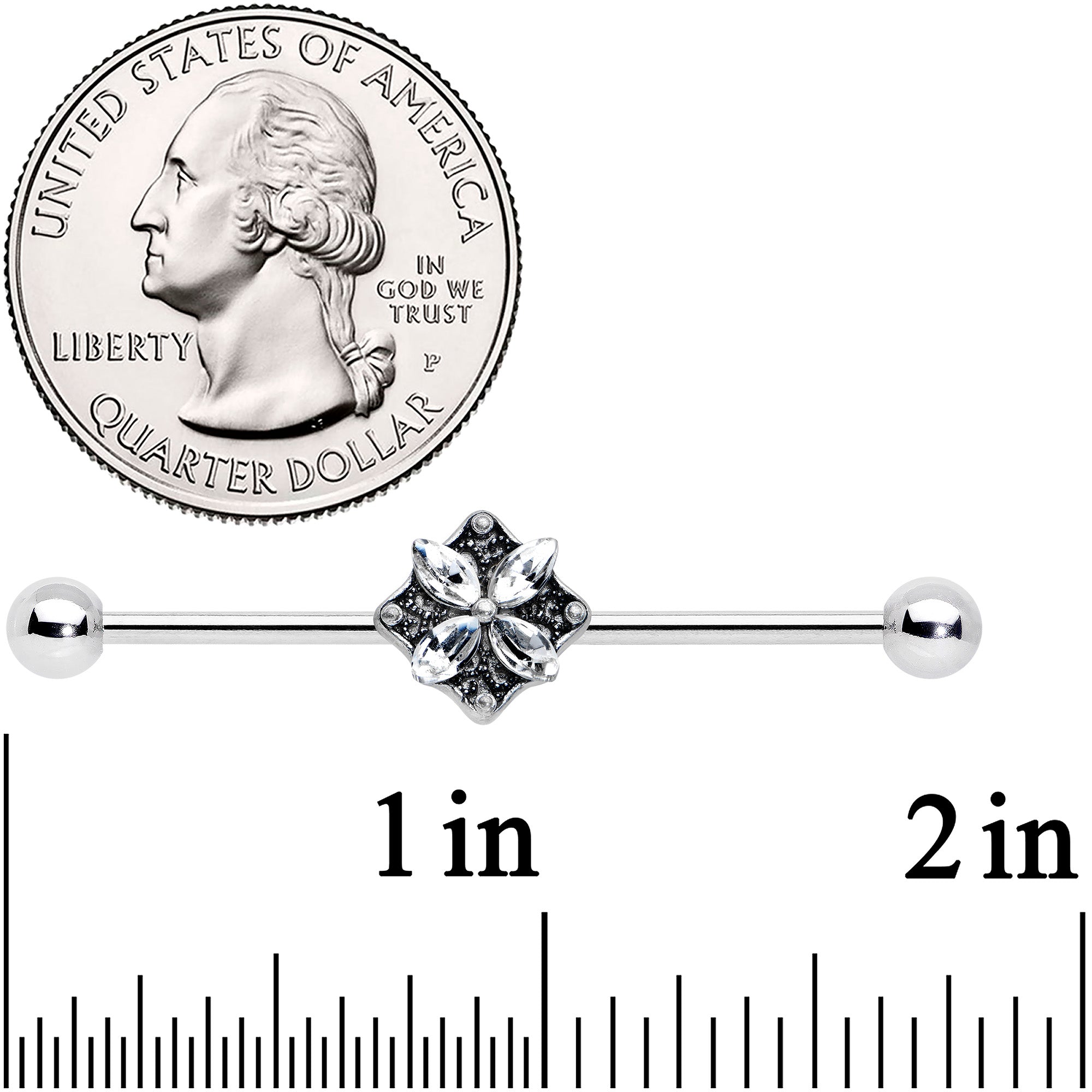 BodyCandy 14G Clear Gem Floral Rhombus Baroque Industrial Barbell 38mm — detail close-up