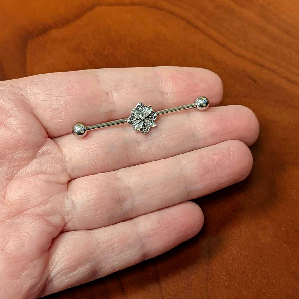 BodyCandy 14G Clear Gem Floral Rhombus Baroque Industrial Barbell 38mm — lifestyle context