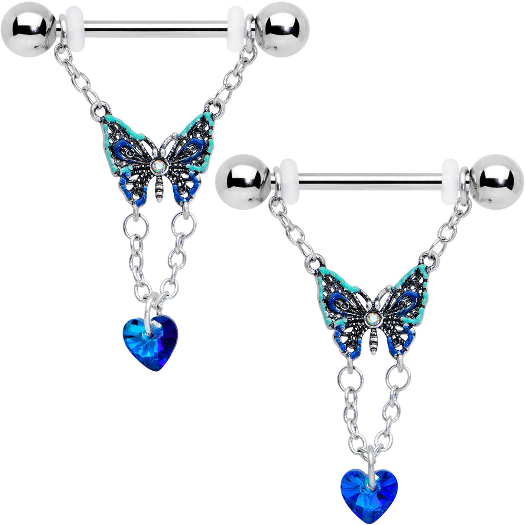BodyCandy 14G 9/16 Blue Gem Heart Colorful Butterfly Dangle Nipple Ring Set — main product shot