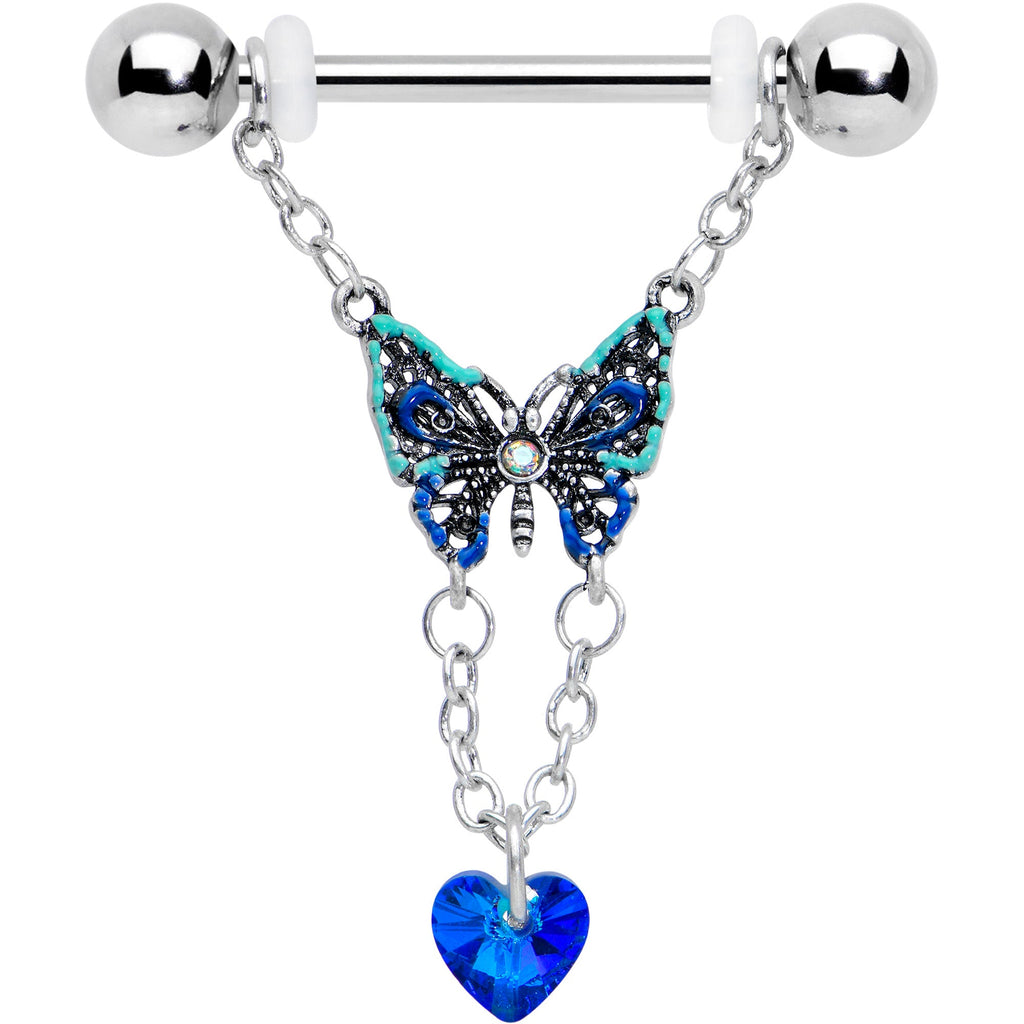 BodyCandy 14G 9/16 Blue Gem Heart Colorful Butterfly Dangle Nipple Ring Set — detail close-up