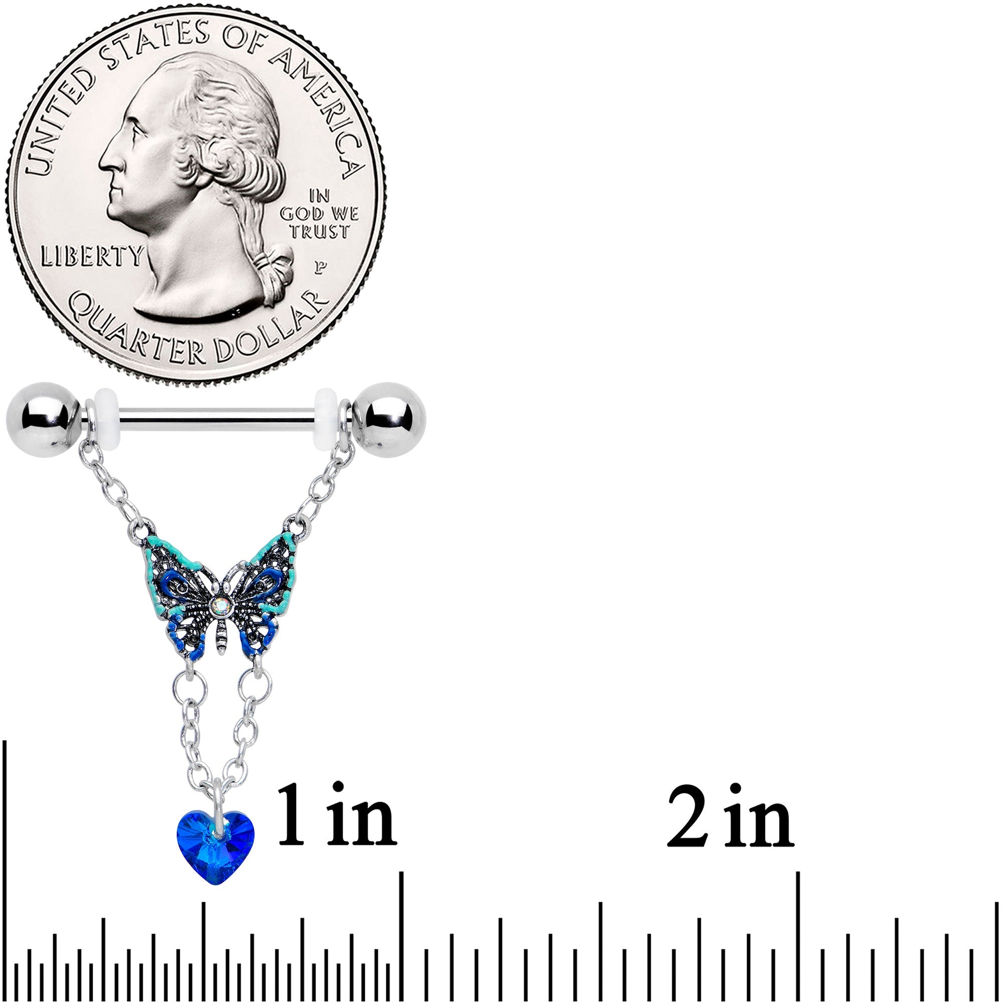 BodyCandy 14G 9/16 Blue Gem Heart Colorful Butterfly Dangle Nipple Ring Set — lifestyle context