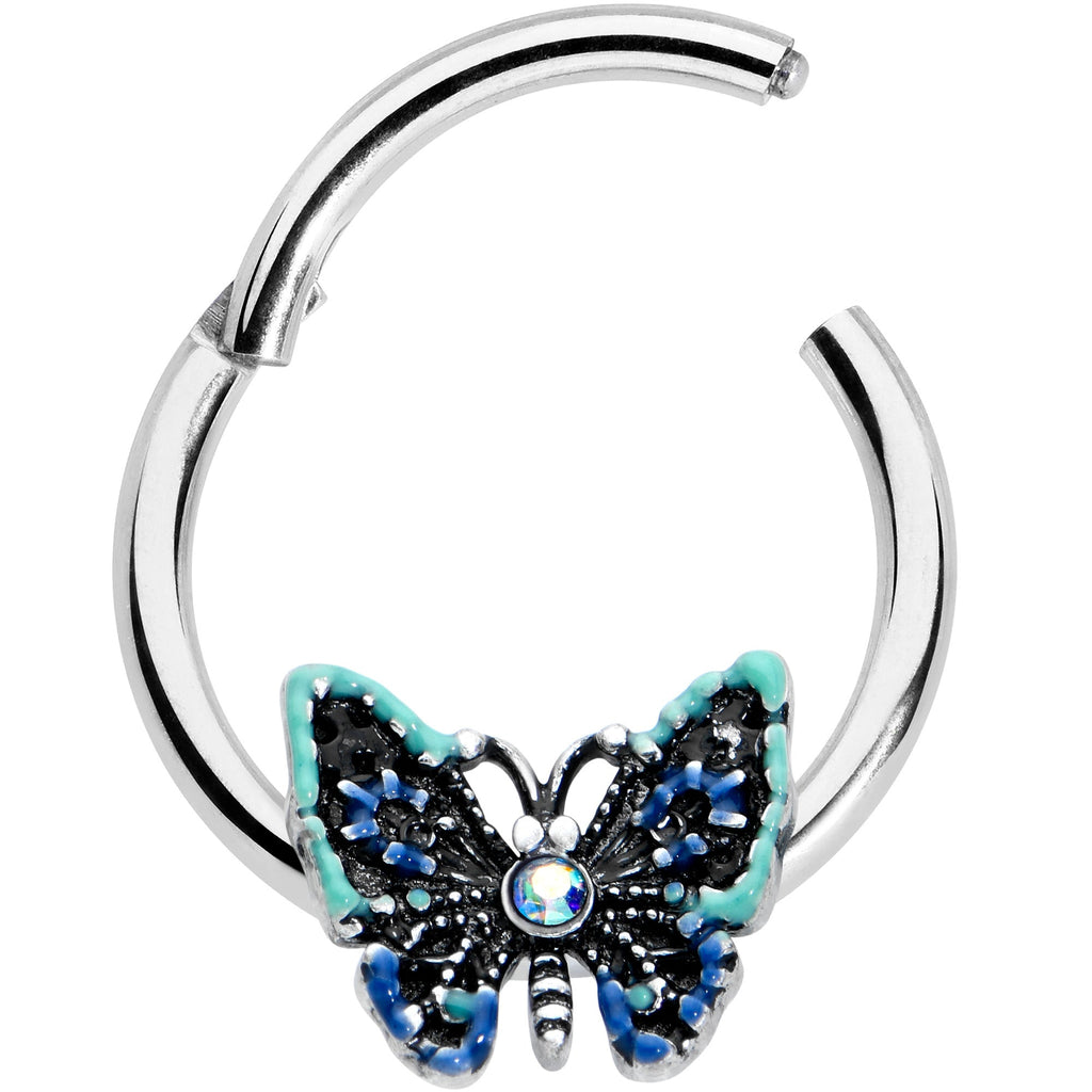 BodyCandy 16G 3/8 Aurora Gem Colorful Glam Butterfly Hinged Segment Ring — detail close-up