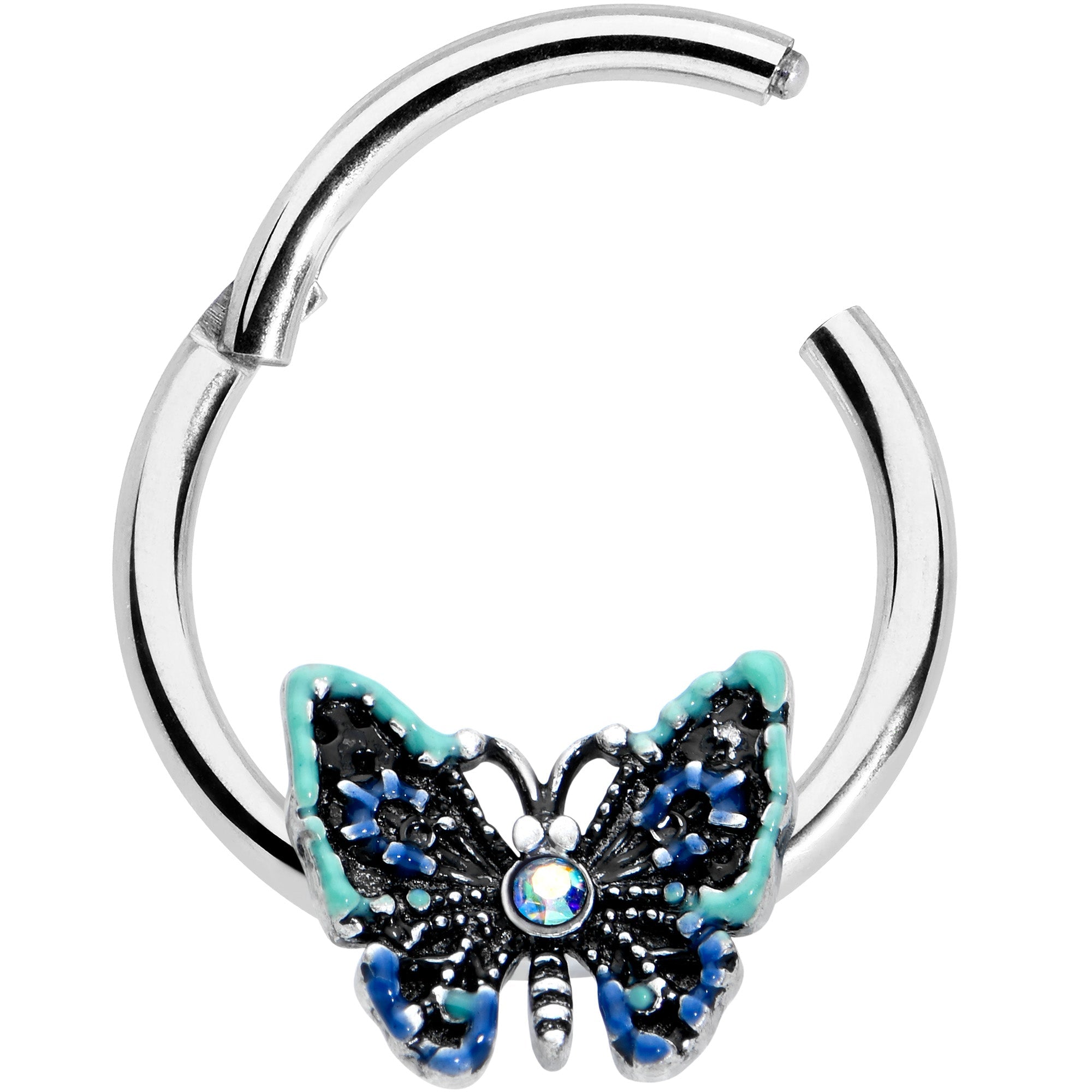 BodyCandy 16G 3/8 Aurora Gem Colorful Glam Butterfly Hinged Segment Ring — detail close-up