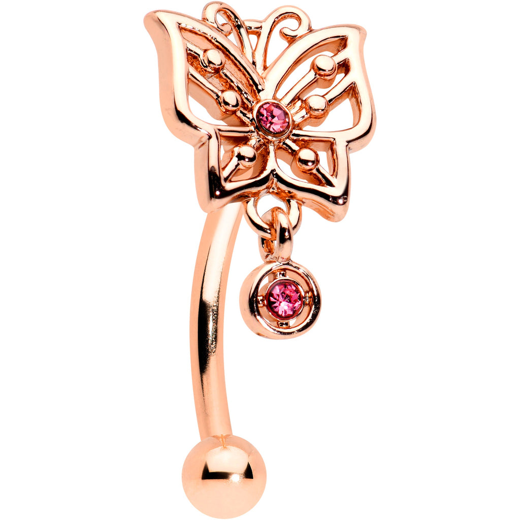 BodyCandy 16G 5/16 Pink CZ Gem Rose Gold Tone Butterfly Curved Eyebrow Ring — main product shot
