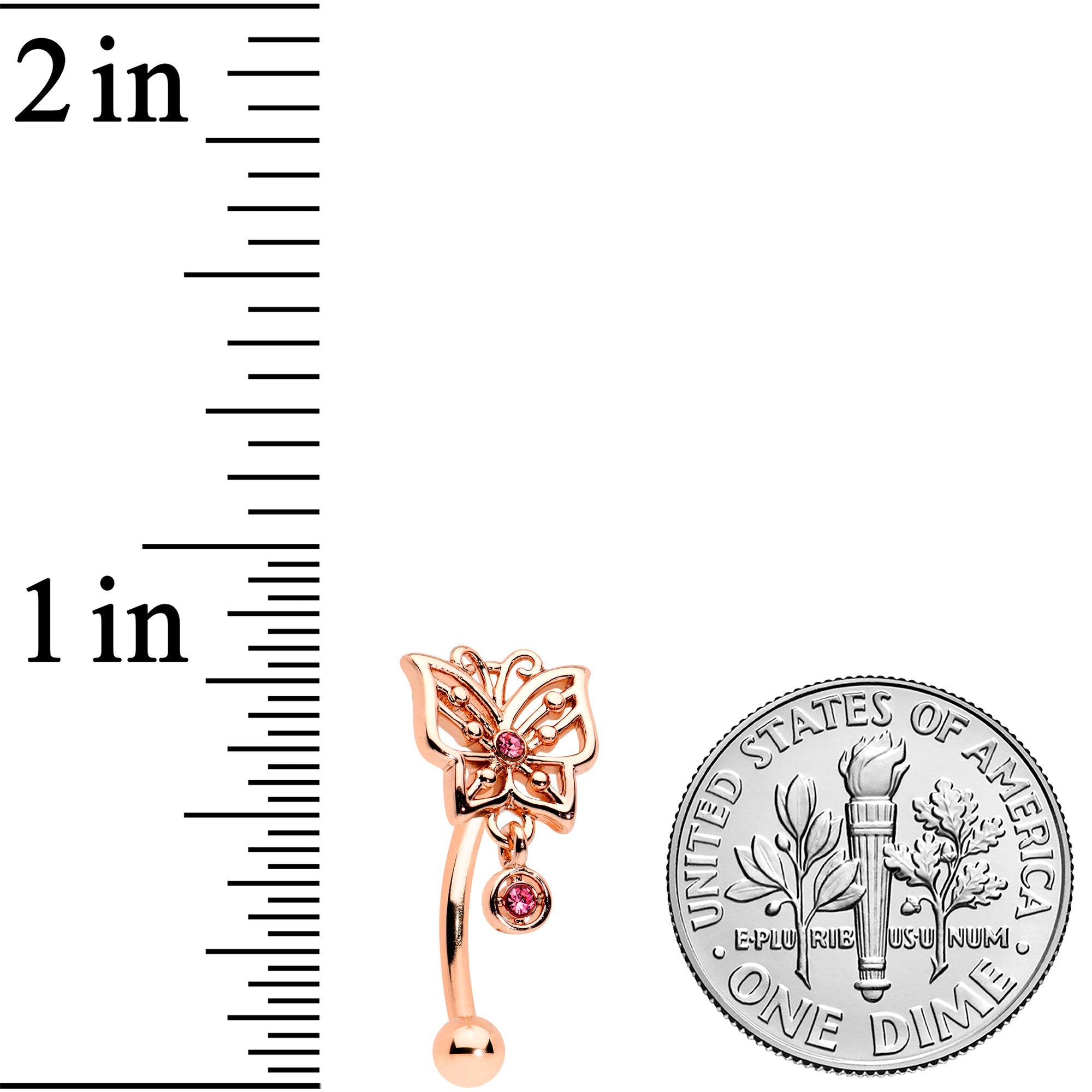 BodyCandy 16G 5/16 Pink CZ Gem Rose Gold Tone Butterfly Curved Eyebrow Ring — detail close-up