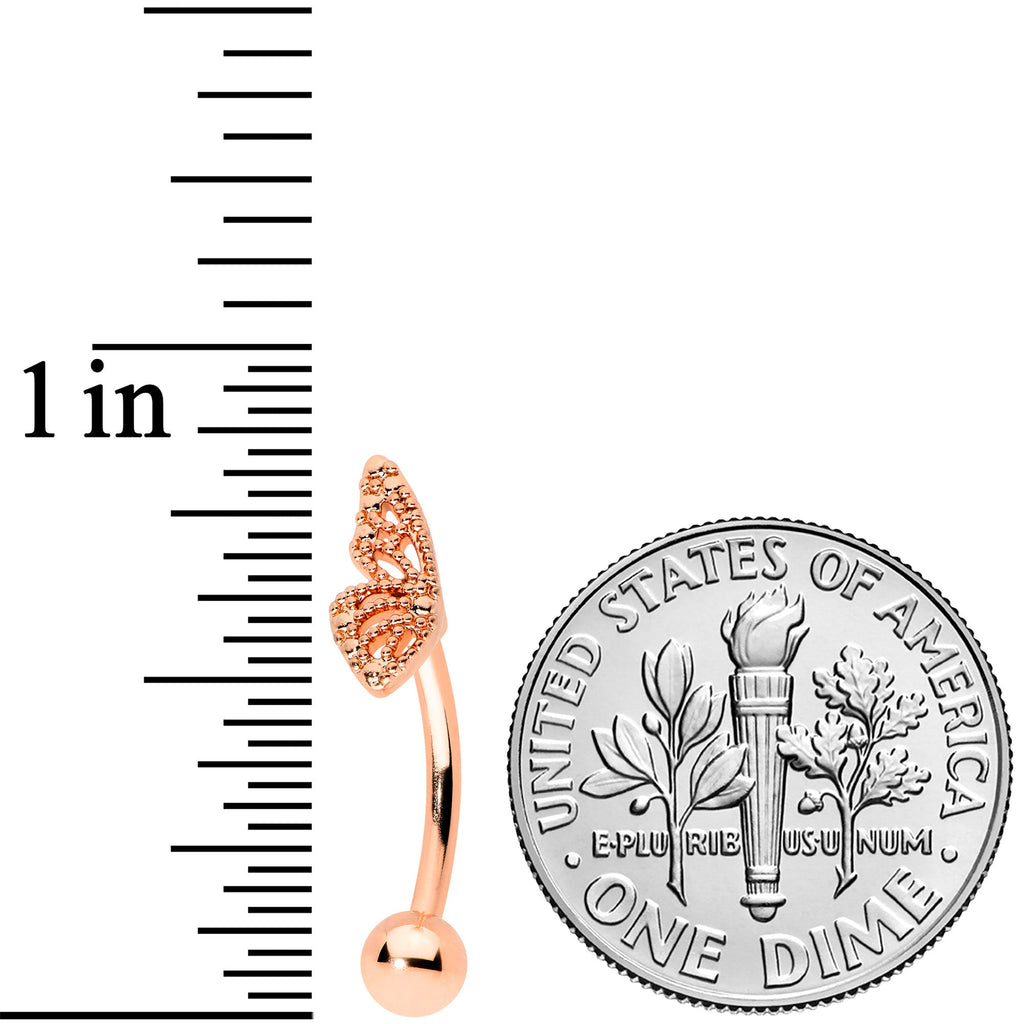 BodyCandy 16G 5/16 Rose Gold Tone Textured Wing Curved Eyebrow Ring — detail close-up