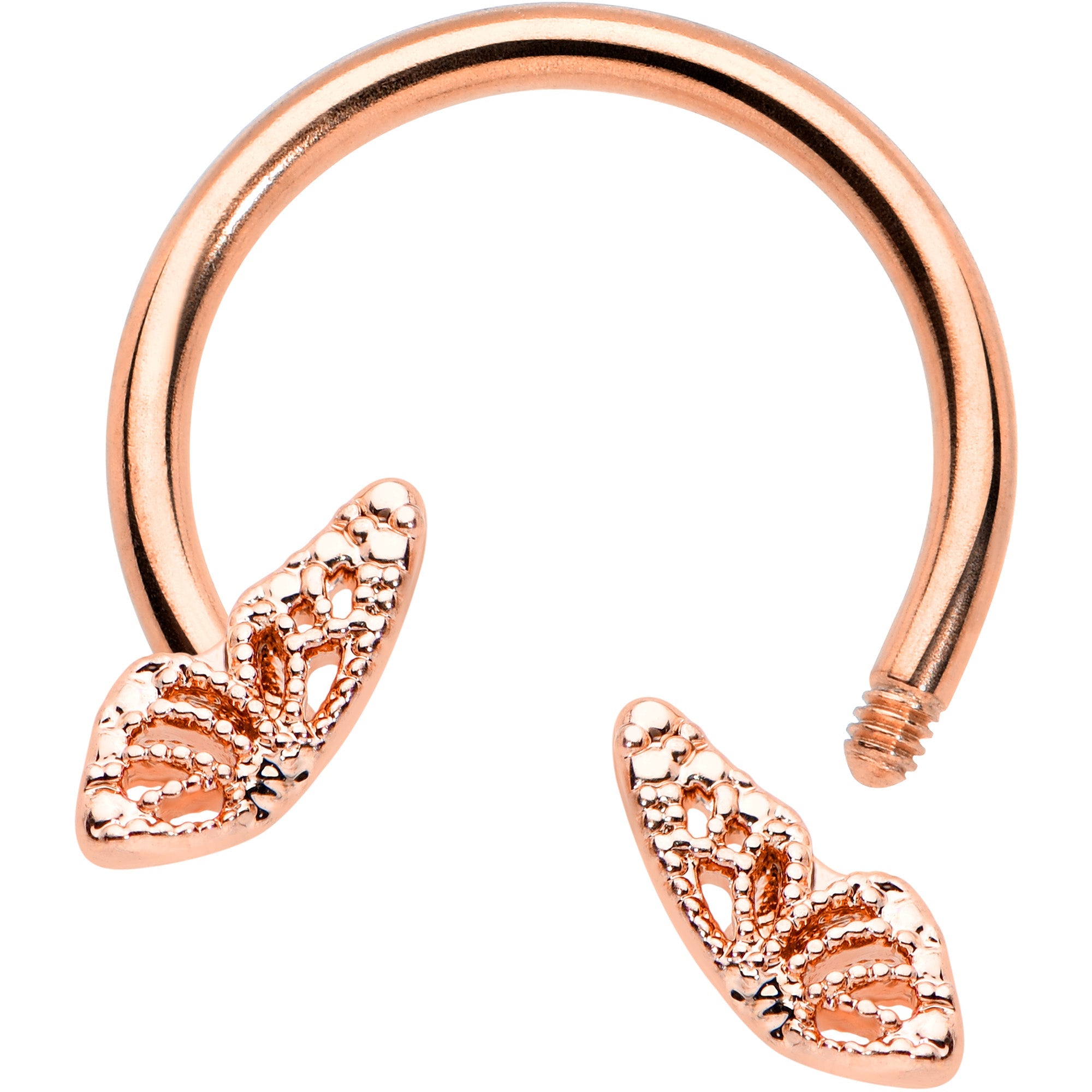 BodyCandy 16G 3/8 Rose Gold Hue Texture Butterfly Horseshoe Circular Barbell — detail close-up