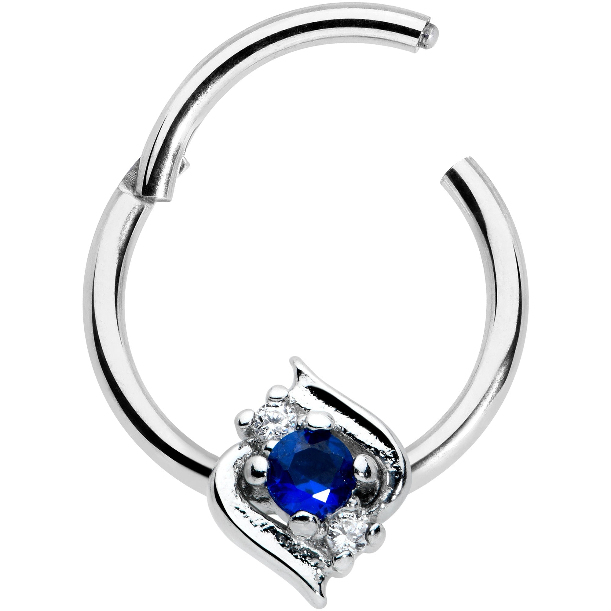 BodyCandy 16G 3/8 Clear Blue Gem Oval Swirl Hinged Segment Ring — detail close-up