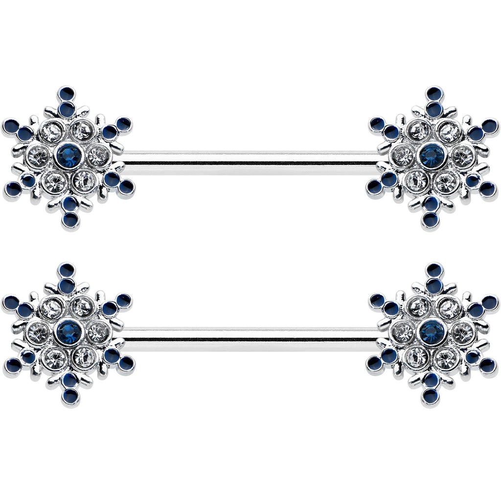 BodyCandy 14G 9/16 Blue Gem Festive Snowflake Christmas Nipple Ring Set — detail close-up