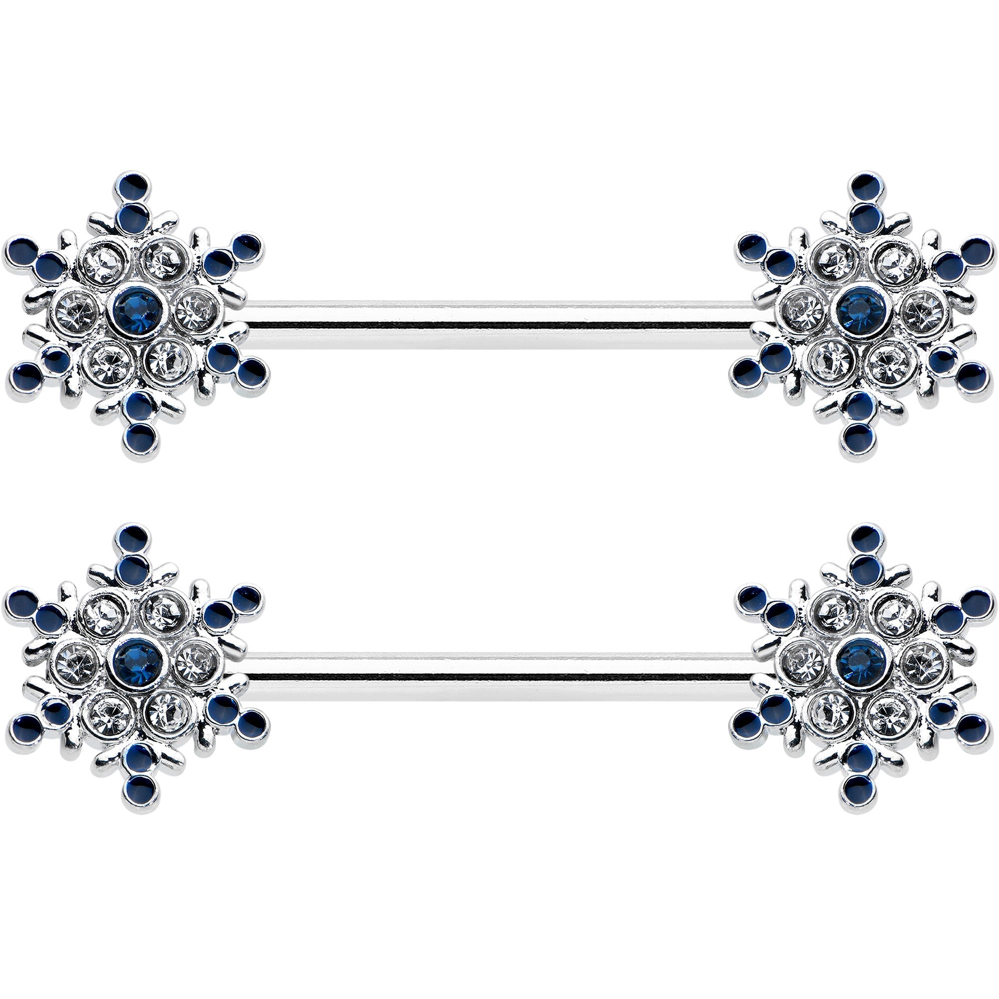 BodyCandy 14G 9/16 Blue Gem Festive Snowflake Christmas Nipple Ring Set — detail close-up