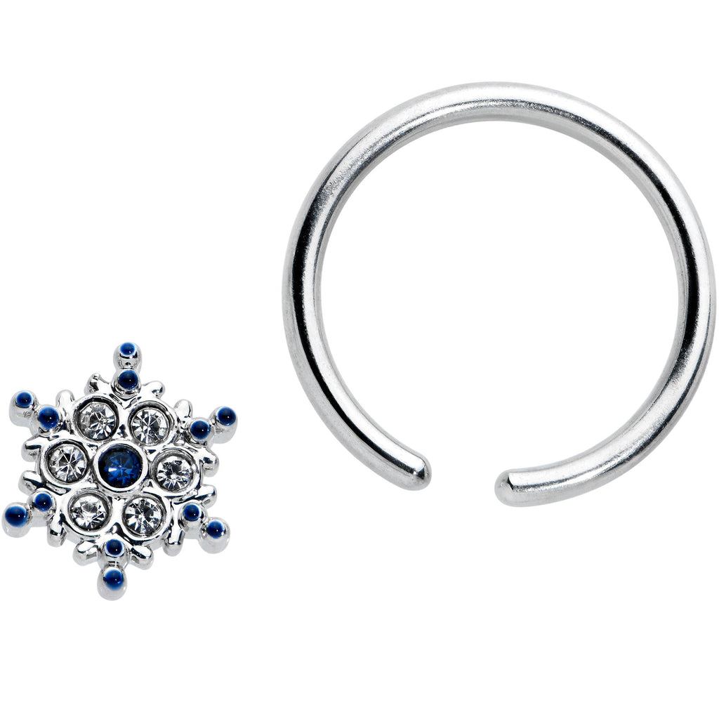 BodyCandy 16G 3/8 Clear Blue Gem Festive Snowflake BCR Captive Ring — detail close-up
