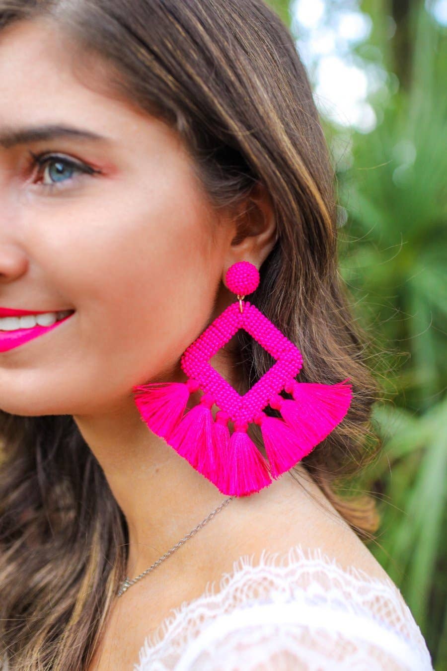 Pretty Little Patriot Pretty Little Patriot Hot Pink Ellie Fringe Drop Earrings — feature highlight