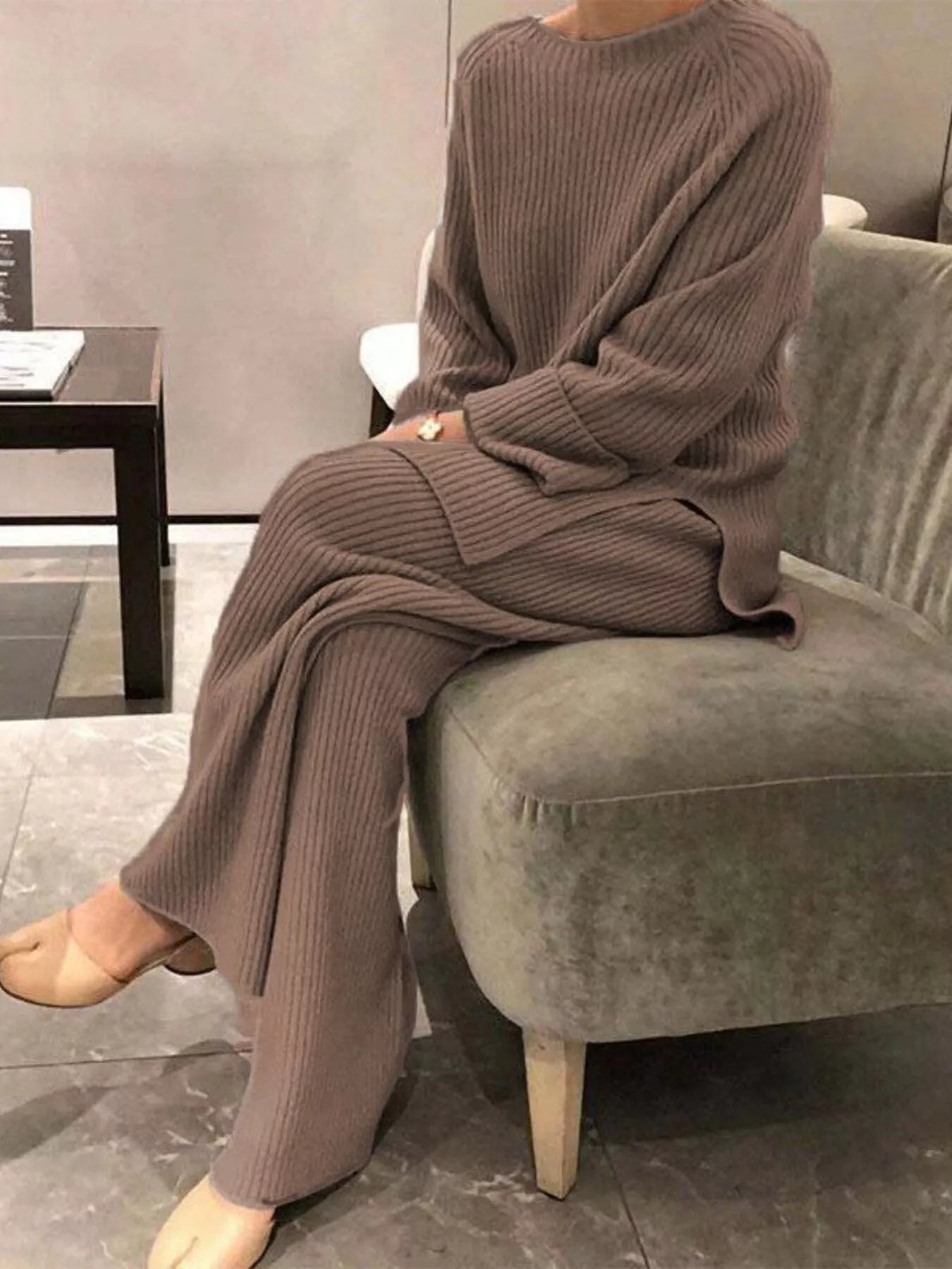 Full Size Ribbed Knit Relaxed Fit Top and Pants Sweater Set Plus Size