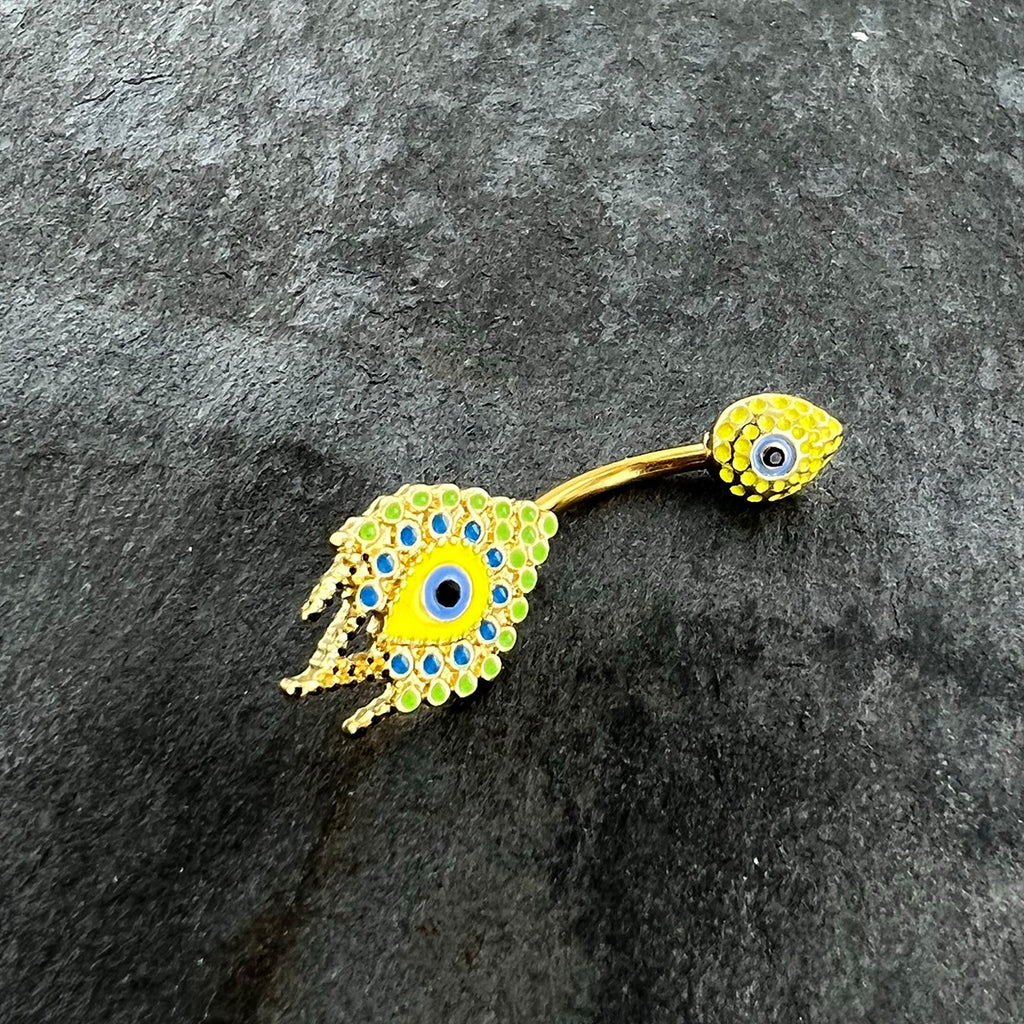 BodyCandy Gold Tone Bold Peacock Feather Double Mount Belly Ring — detail close-up