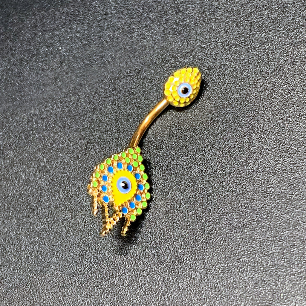 BodyCandy Gold Tone Bold Peacock Feather Double Mount Belly Ring — side view
