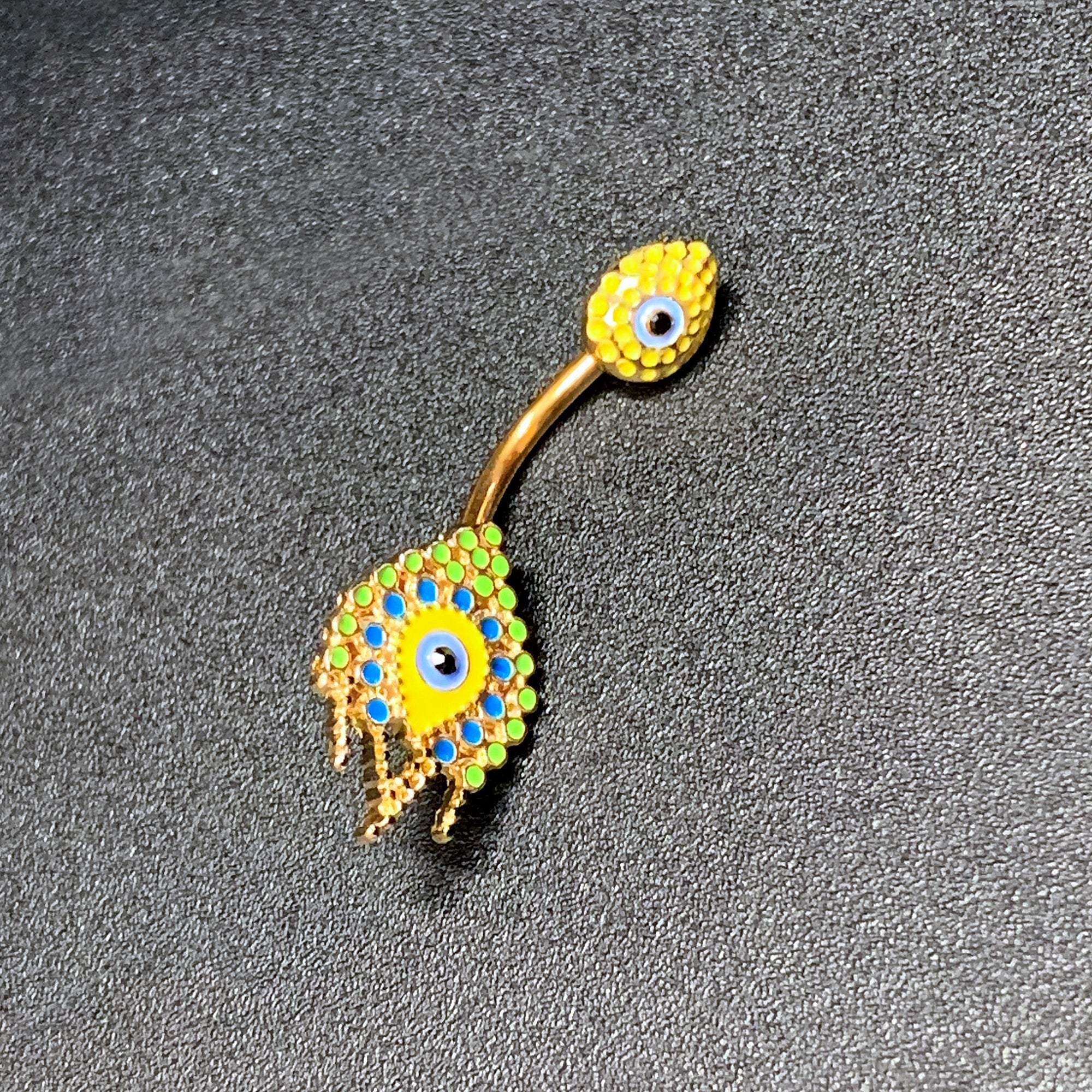 BodyCandy Gold Tone Bold Peacock Feather Double Mount Belly Ring — side view