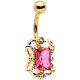 Clear Pink Gem Gold Tone Open Oblong Elegant Belly Ring