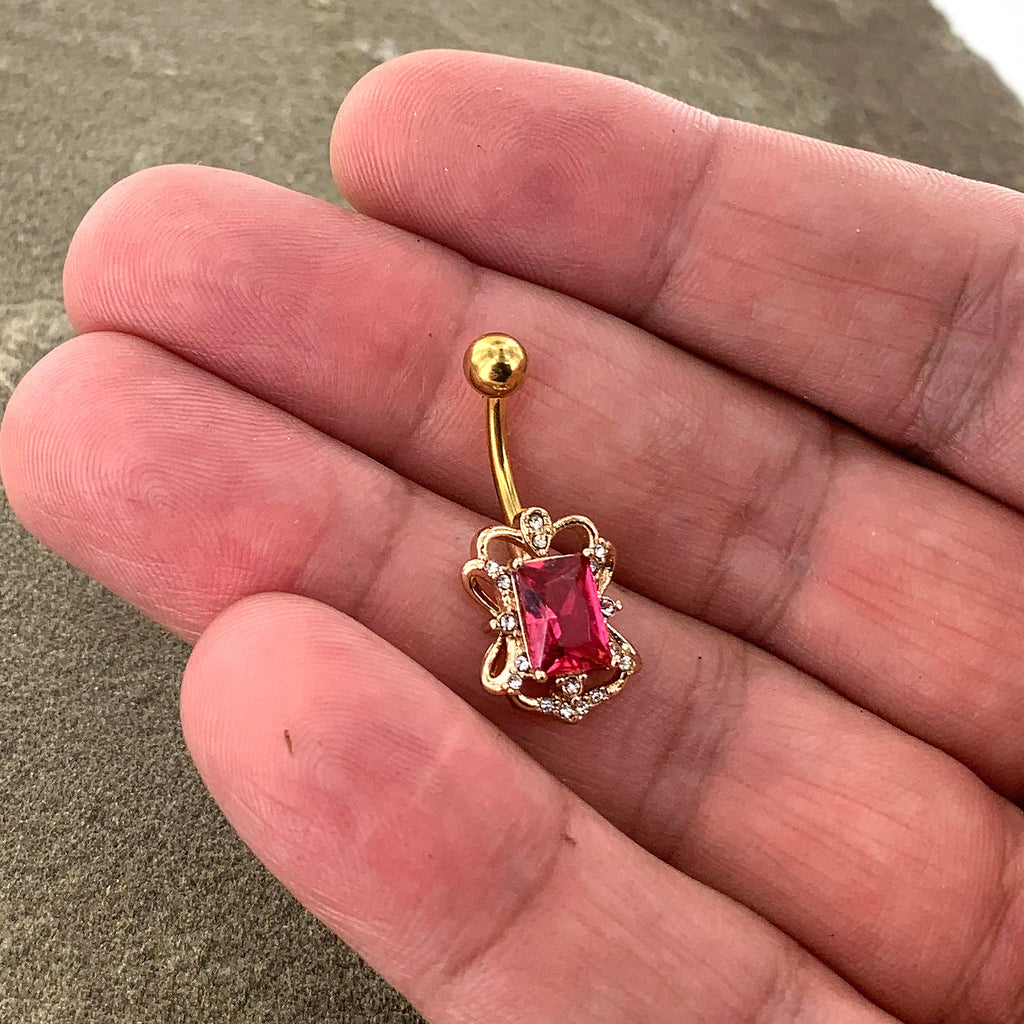 BodyCandy Clear Pink Gem Gold Tone Open Oblong Elegant Belly Ring — size reference