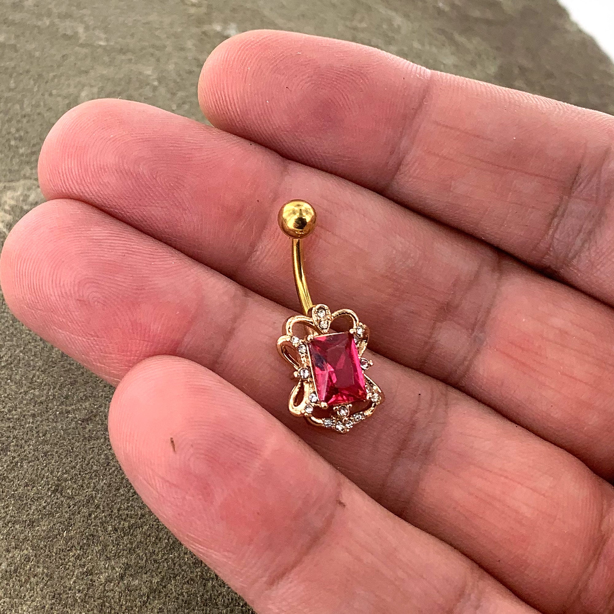 BodyCandy Clear Pink Gem Gold Tone Open Oblong Elegant Belly Ring — size reference