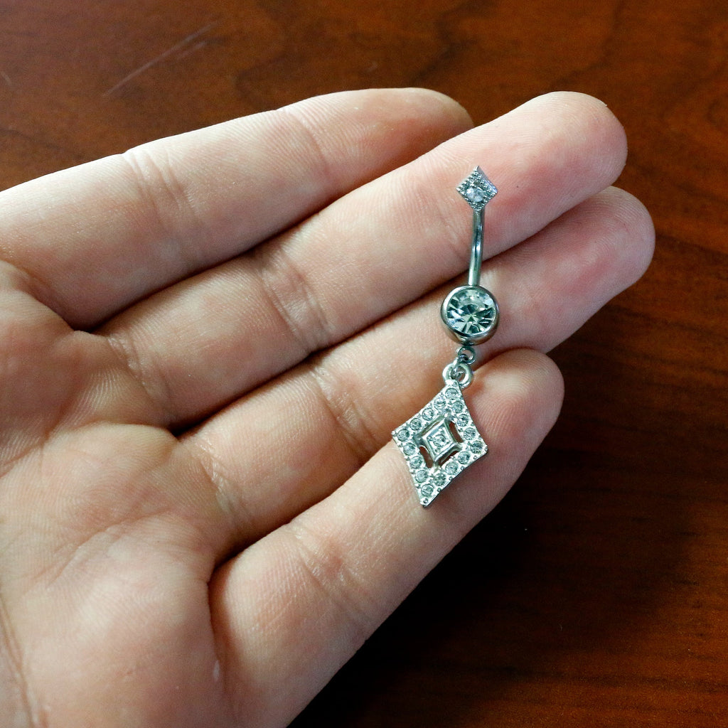 BodyCandy Clear Gem Double Rhombus Deco Double Mount Dangle Belly Ring — side view