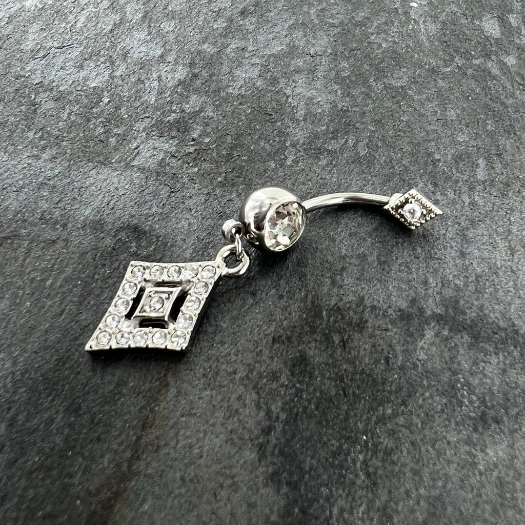 BodyCandy Clear Gem Double Rhombus Deco Double Mount Dangle Belly Ring — back view