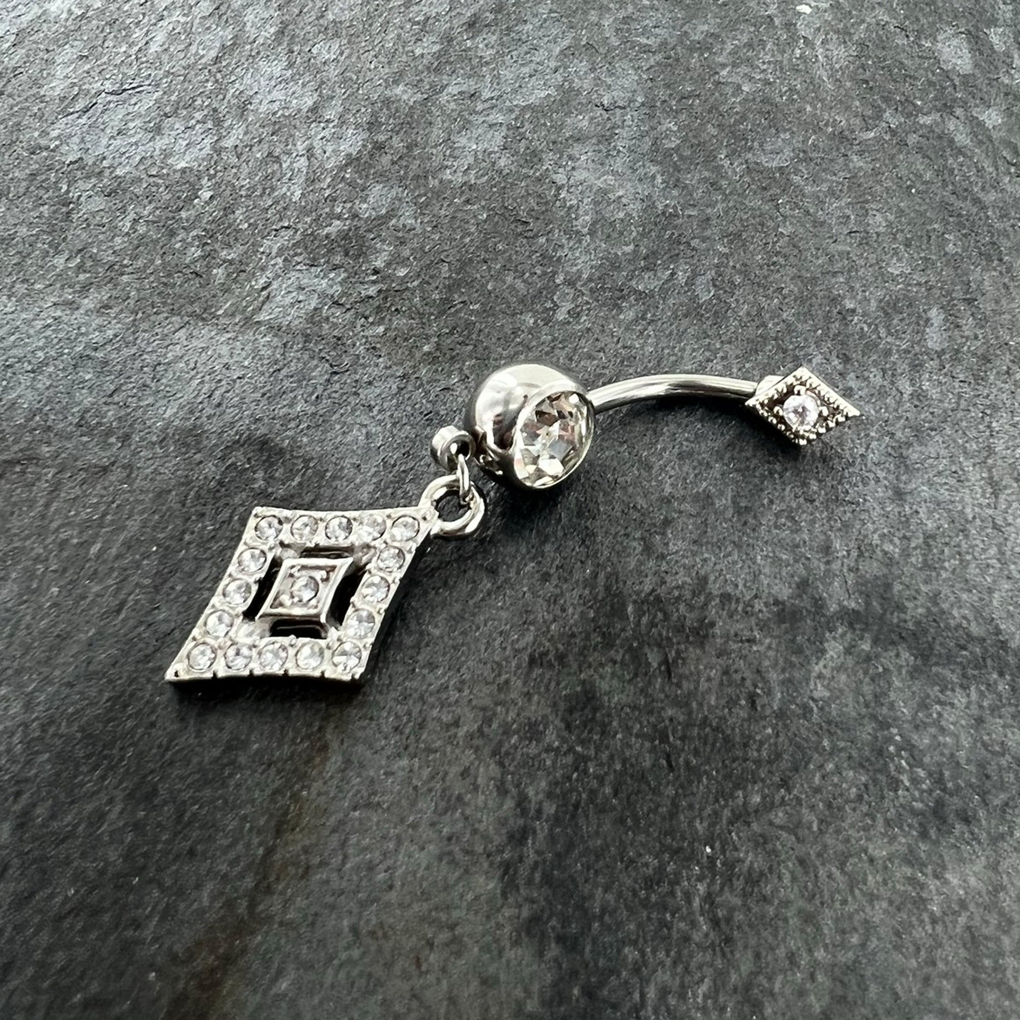 BodyCandy Clear Gem Double Rhombus Deco Double Mount Dangle Belly Ring — back view