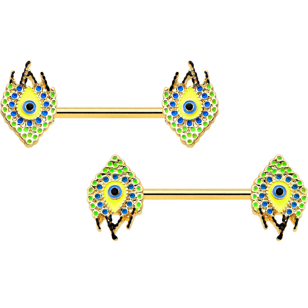 BodyCandy 14G 9/16 Gold Tone Bold Peacock Feather Barbell Nipple Ring Set — main product shot