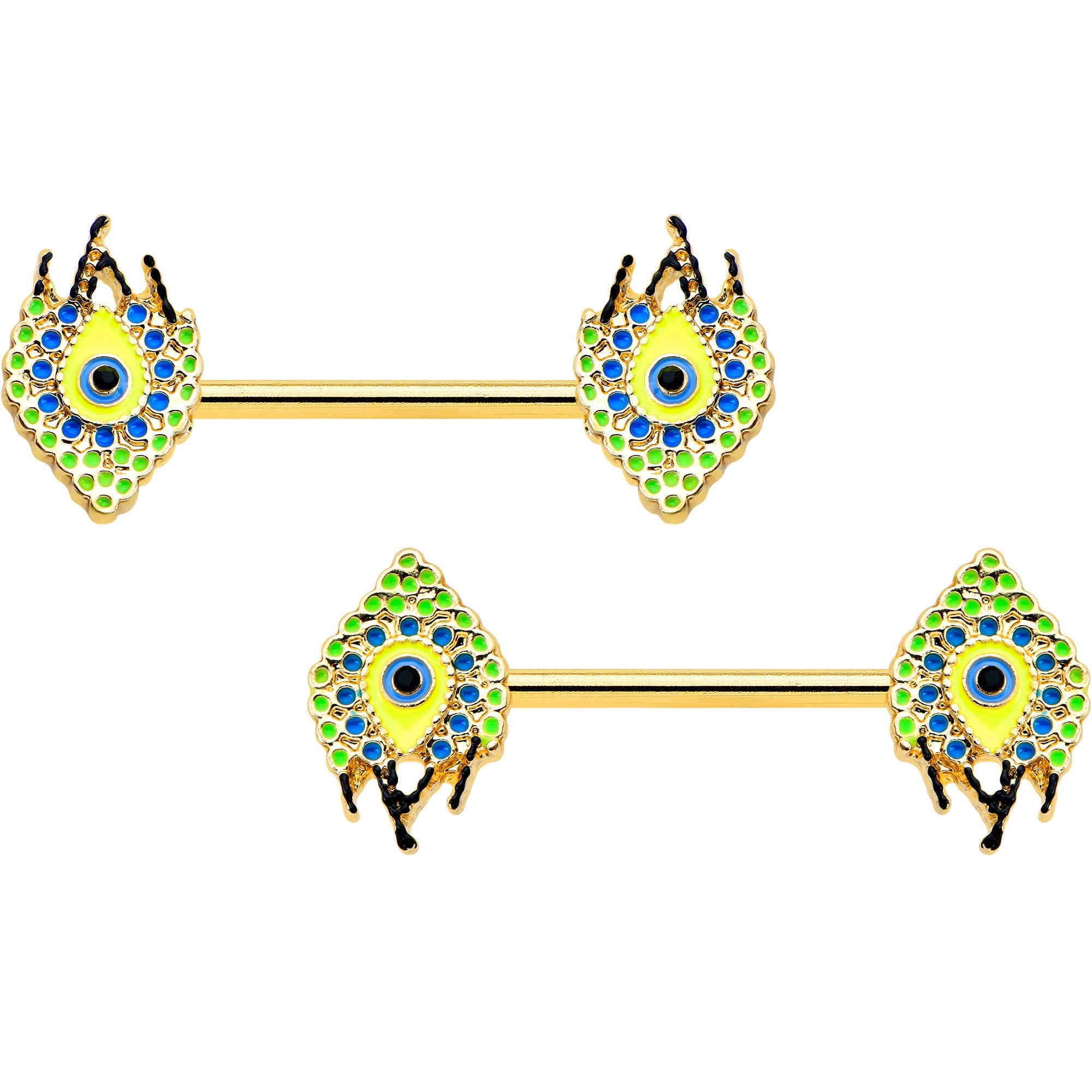 BodyCandy 14G 9/16 Gold Tone Bold Peacock Feather Barbell Nipple Ring Set — main product shot