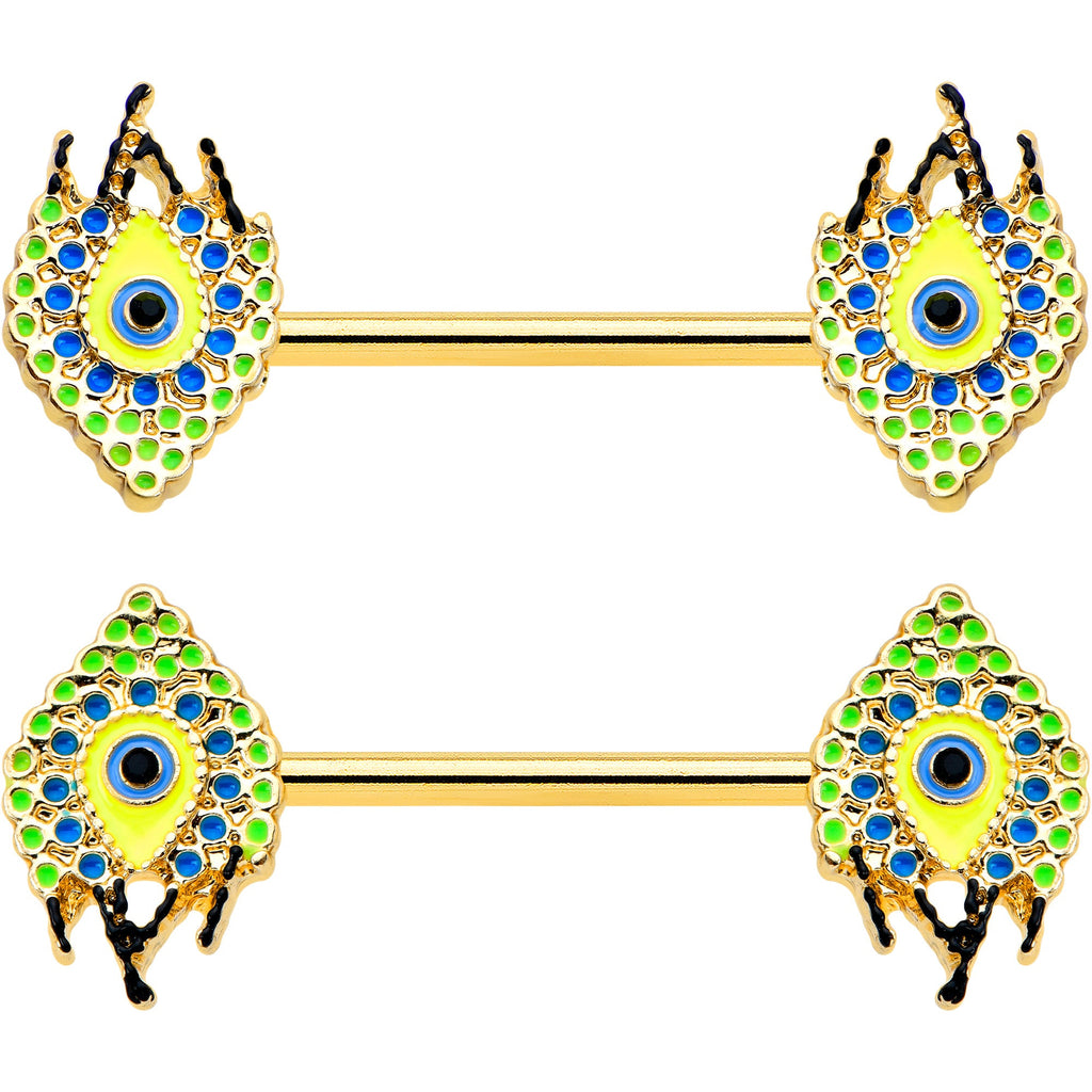 BodyCandy 14G 9/16 Gold Tone Bold Peacock Feather Barbell Nipple Ring Set — detail close-up