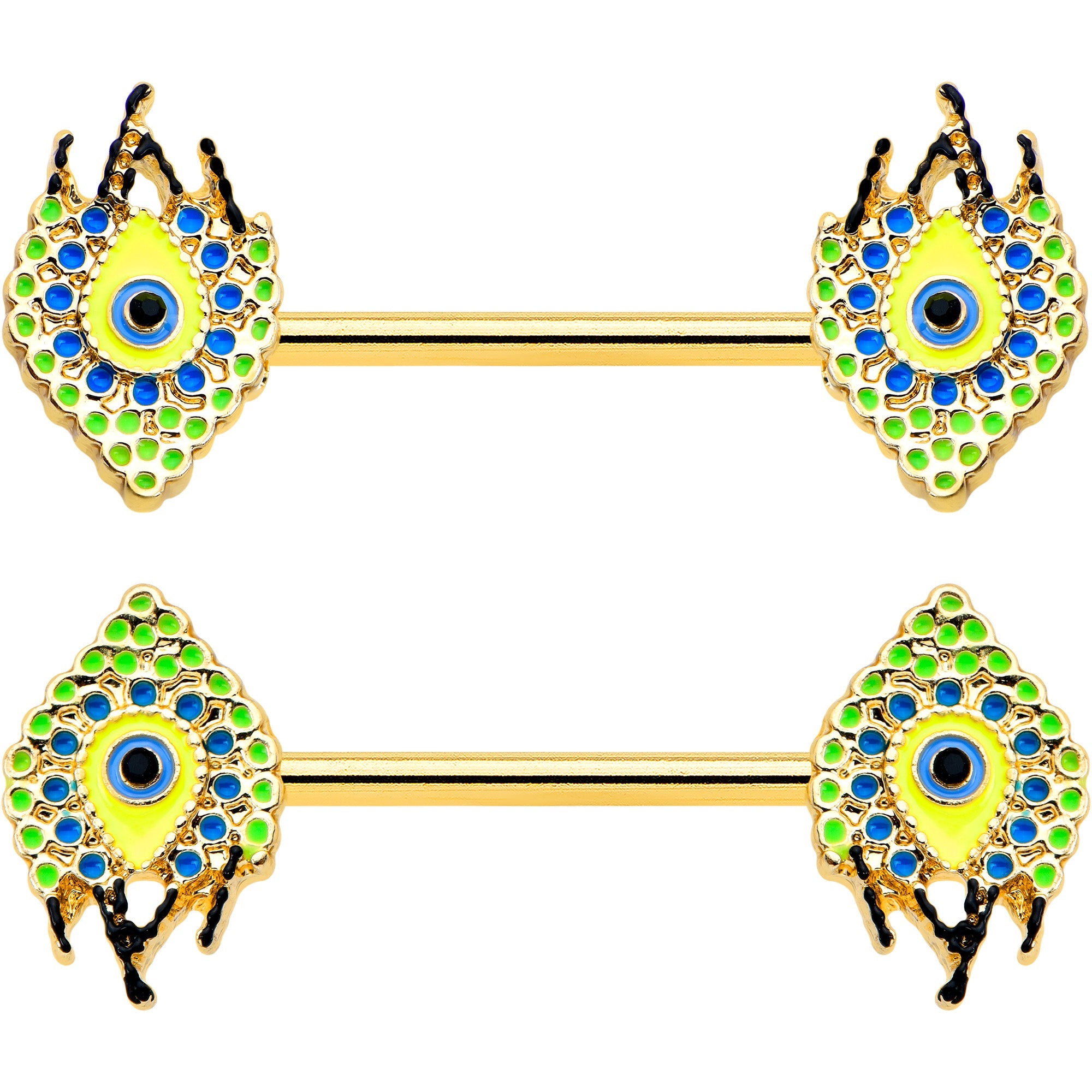 BodyCandy 14G 9/16 Gold Tone Bold Peacock Feather Barbell Nipple Ring Set — detail close-up