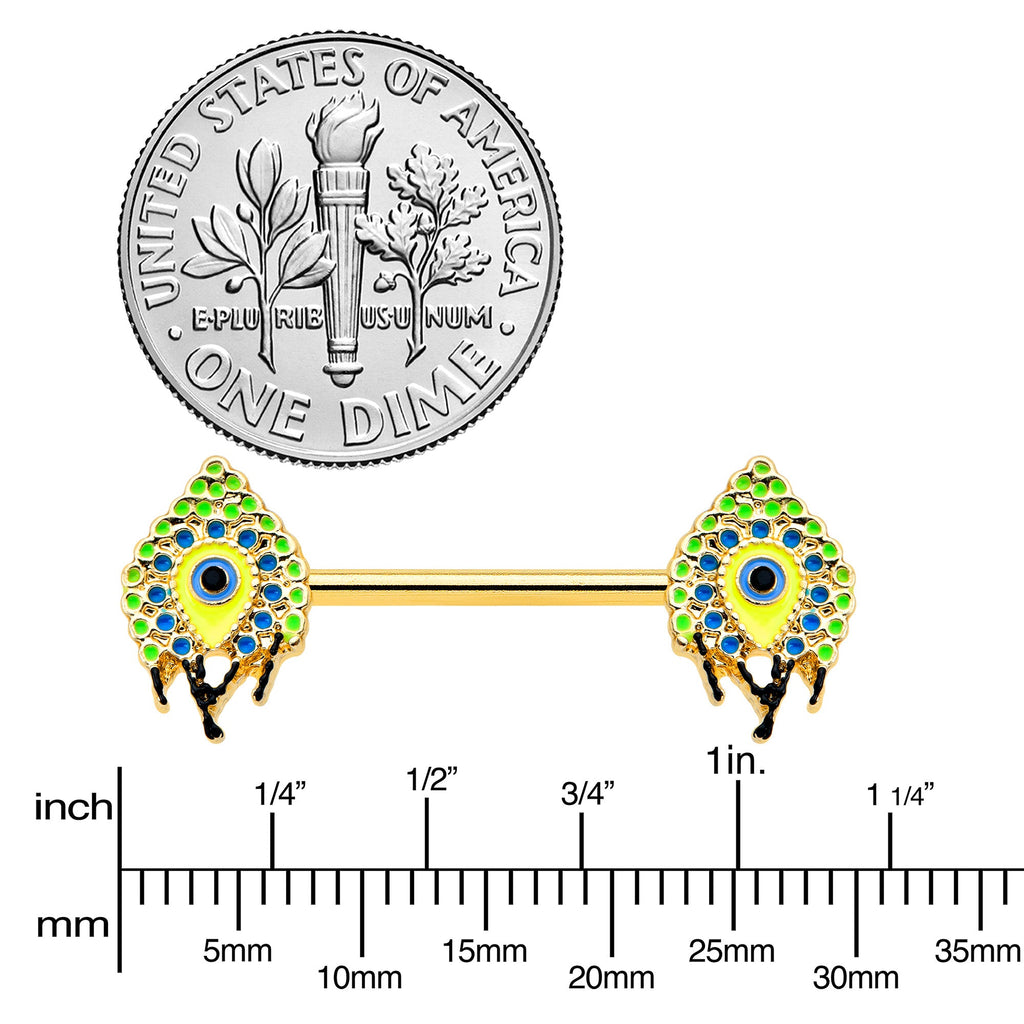 BodyCandy 14G 9/16 Gold Tone Bold Peacock Feather Barbell Nipple Ring Set — lifestyle context