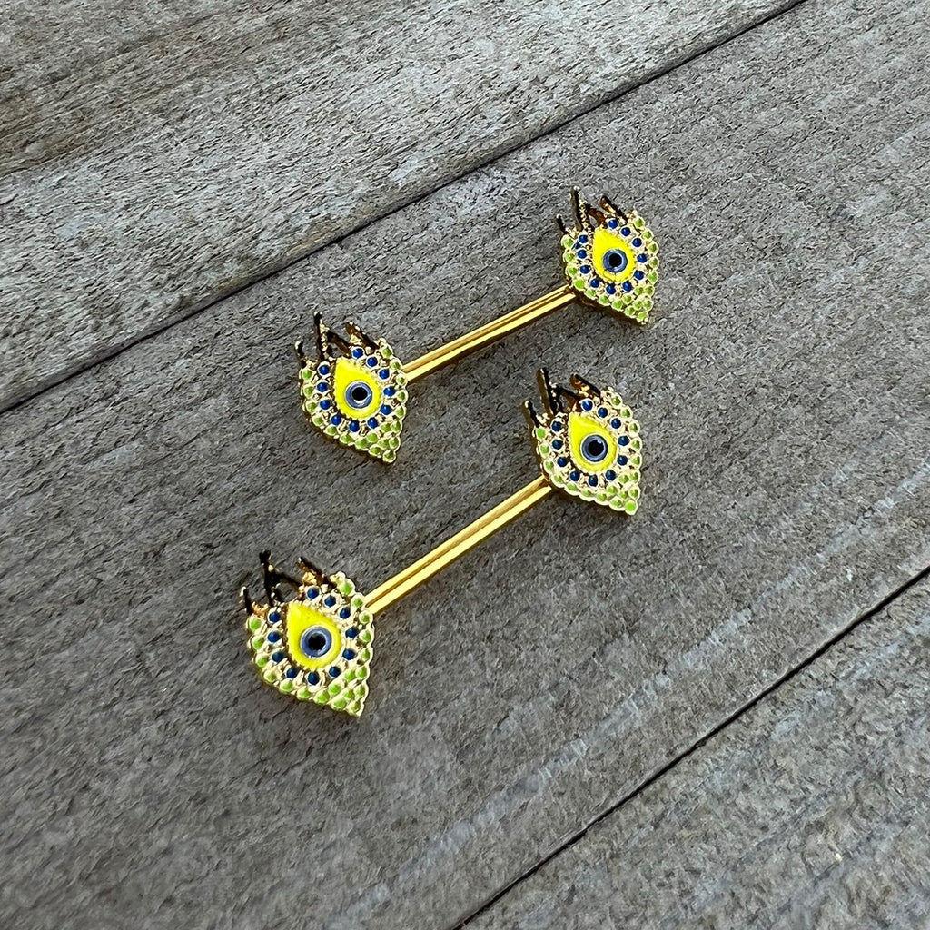 BodyCandy 14G 9/16 Gold Tone Bold Peacock Feather Barbell Nipple Ring Set — side view