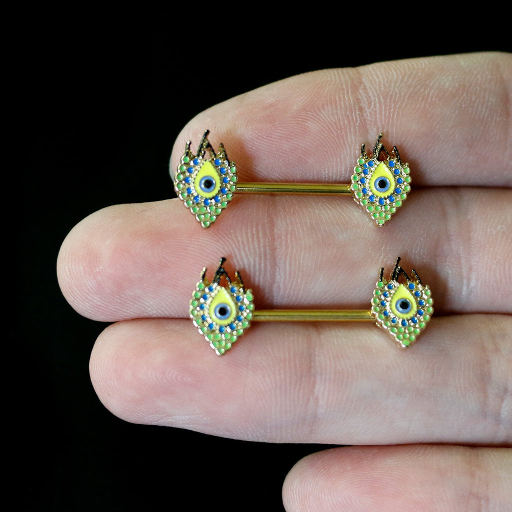 BodyCandy 14G 9/16 Gold Tone Bold Peacock Feather Barbell Nipple Ring Set — back view