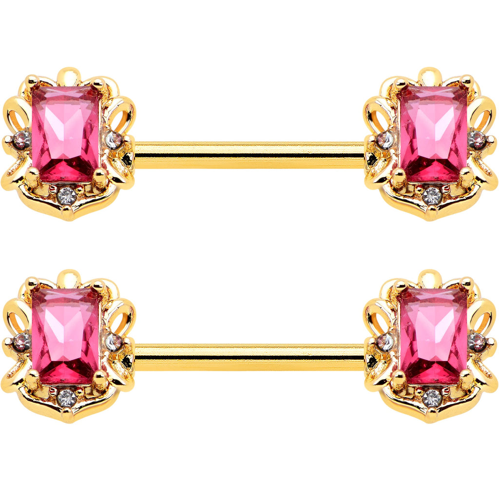 BodyCandy 14G 9/16 Red Gem Gold Hue Regal Escutcheon Barbell Nipple Ring Set — detail close-up