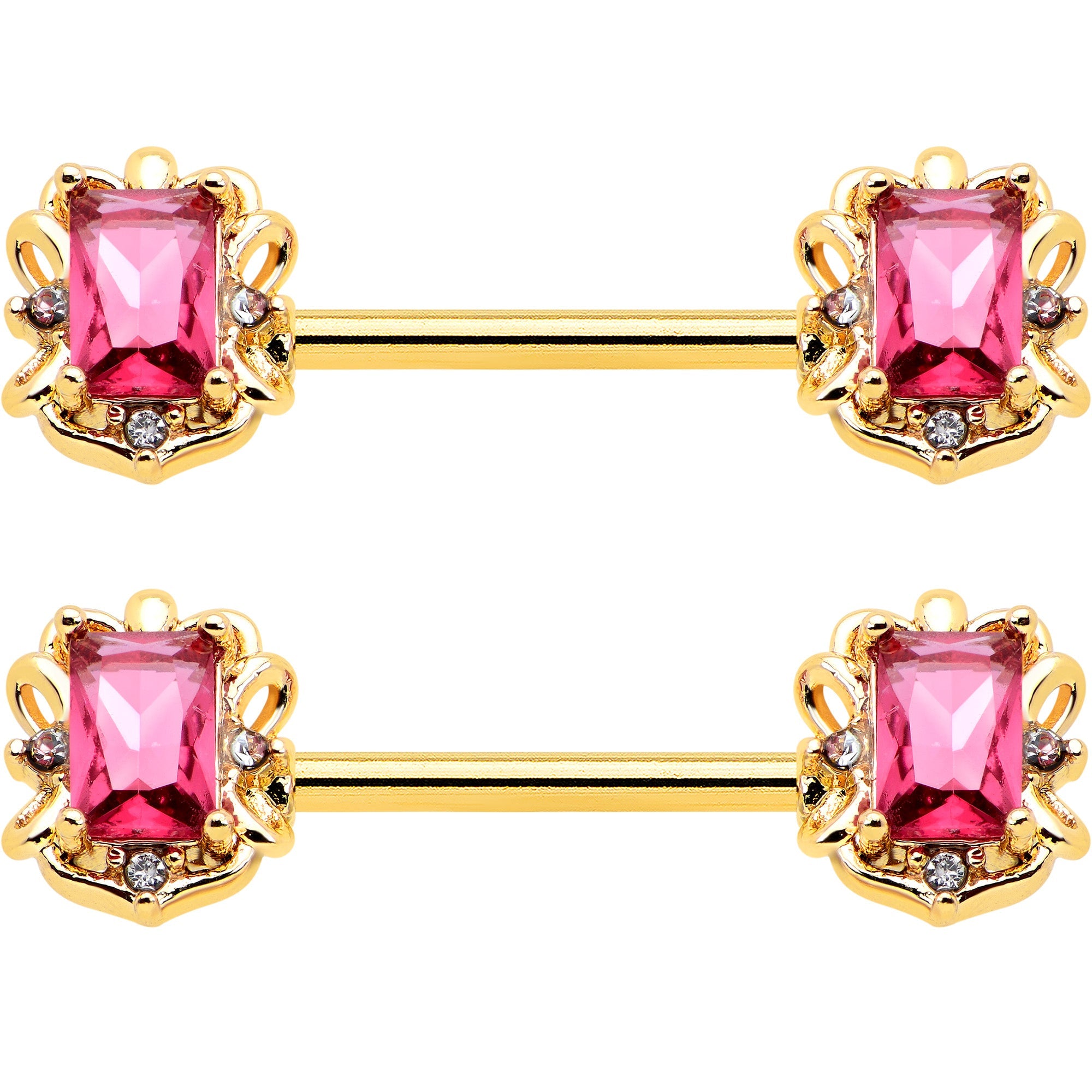 BodyCandy 14G 9/16 Red Gem Gold Hue Regal Escutcheon Barbell Nipple Ring Set — detail close-up