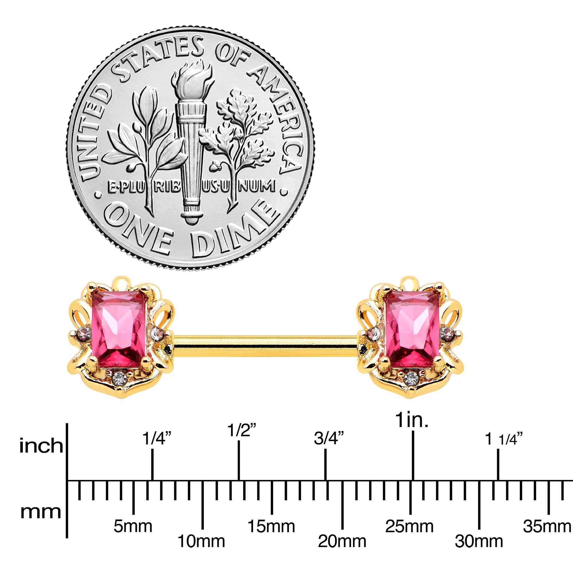 BodyCandy 14G 9/16 Red Gem Gold Hue Regal Escutcheon Barbell Nipple Ring Set — lifestyle context