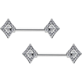14G 9/16 Clear Gem Double Rhombus Deco Barbell Nipple Ring Set