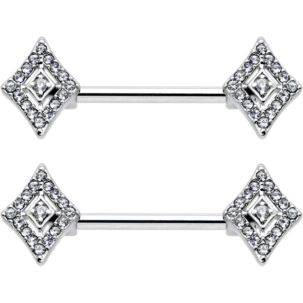 BodyCandy 14G 9/16 Clear Gem Double Rhombus Deco Barbell Nipple Ring Set — detail close-up