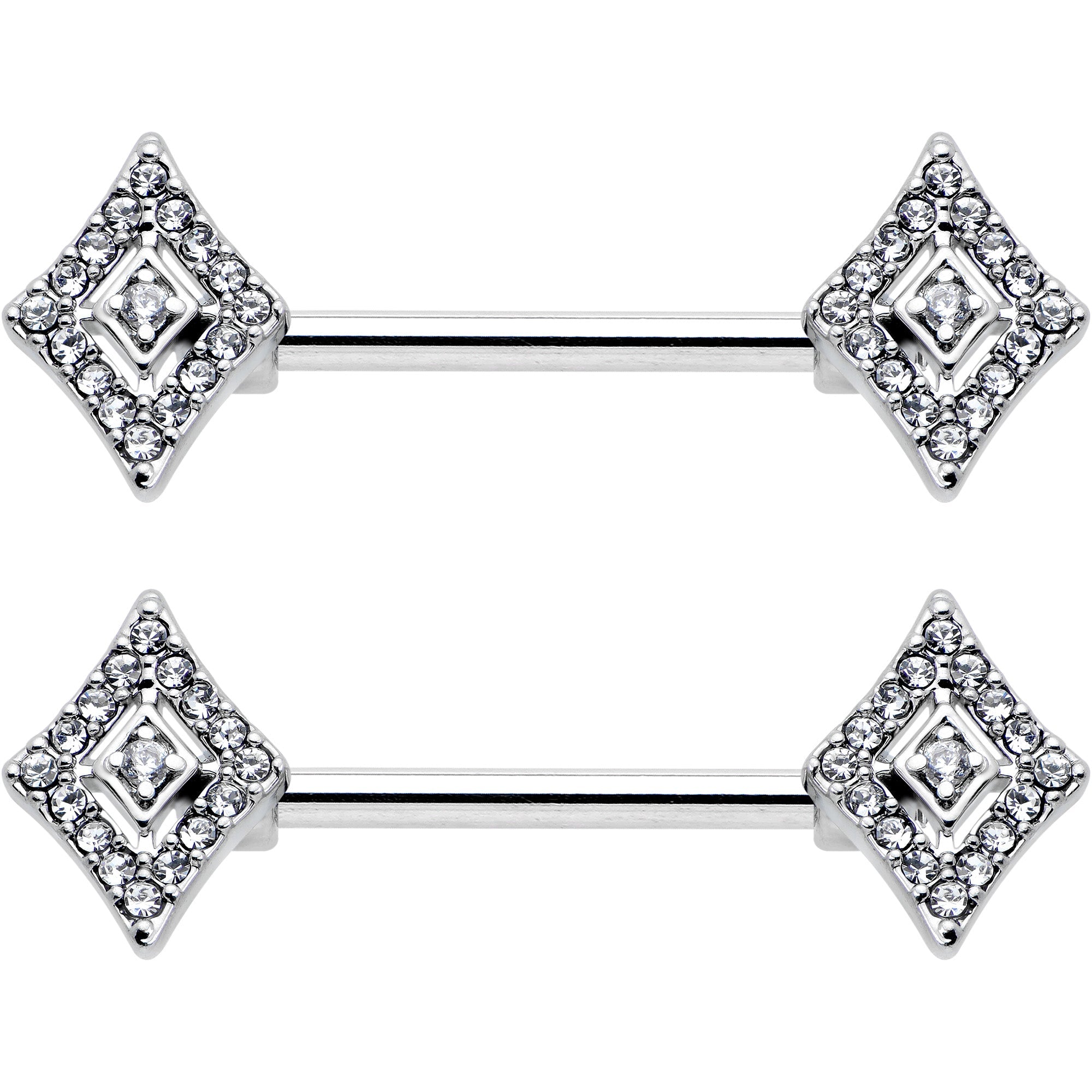BodyCandy 14G 9/16 Clear Gem Double Rhombus Deco Barbell Nipple Ring Set — detail close-up