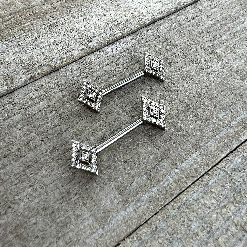 BodyCandy 14G 9/16 Clear Gem Double Rhombus Deco Barbell Nipple Ring Set — side view