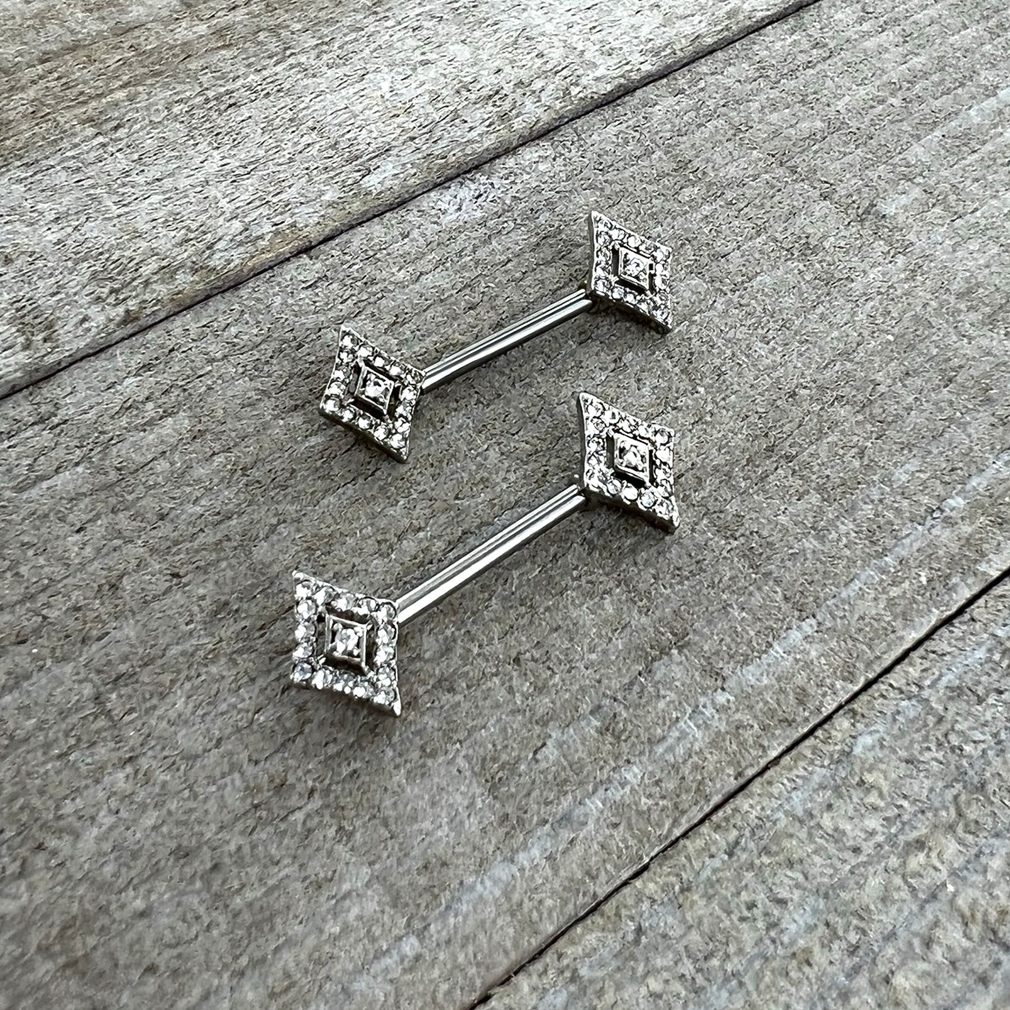 BodyCandy 14G 9/16 Clear Gem Double Rhombus Deco Barbell Nipple Ring Set — side view
