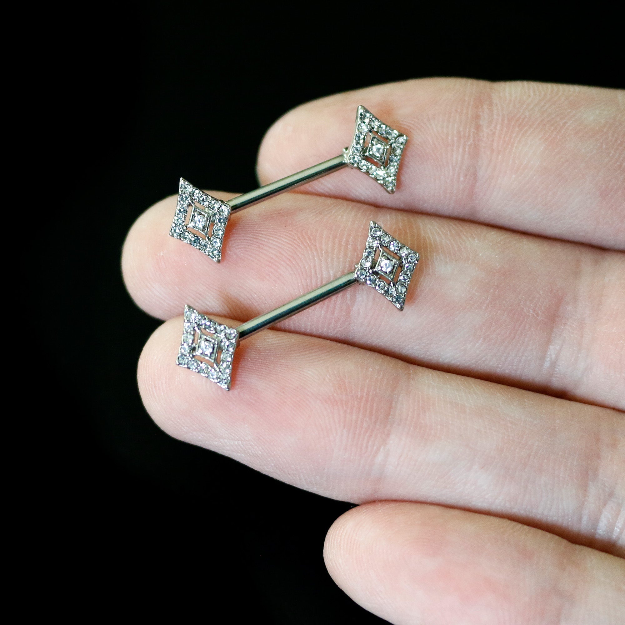 BodyCandy 14G 9/16 Clear Gem Double Rhombus Deco Barbell Nipple Ring Set — back view
