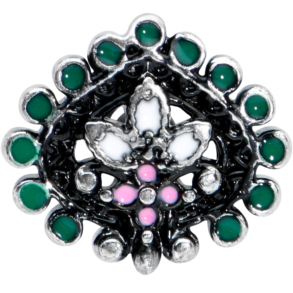 BodyCandy 16G 1/4 Stylized Pink Green Abstract Leaf Cartilage Tragus Earring — detail close-up