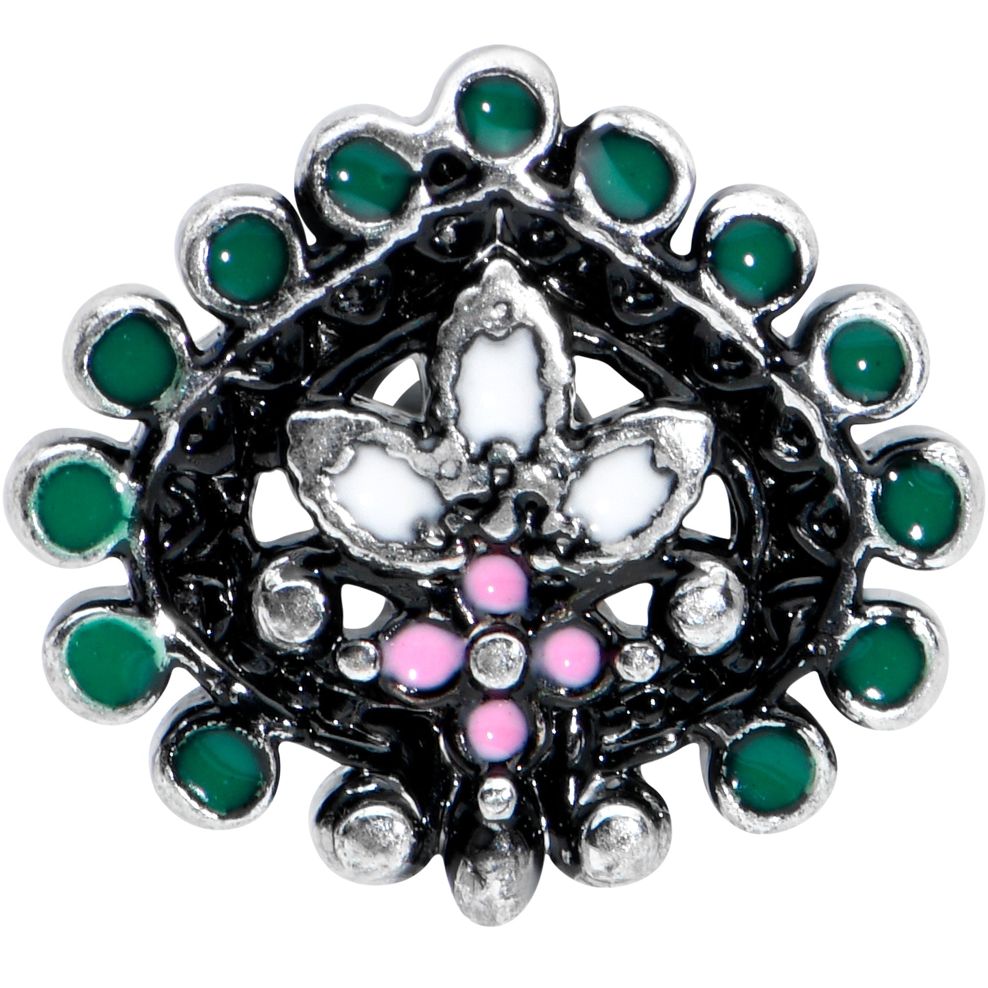 BodyCandy 16G 1/4 Stylized Pink Green Abstract Leaf Cartilage Tragus Earring — detail close-up