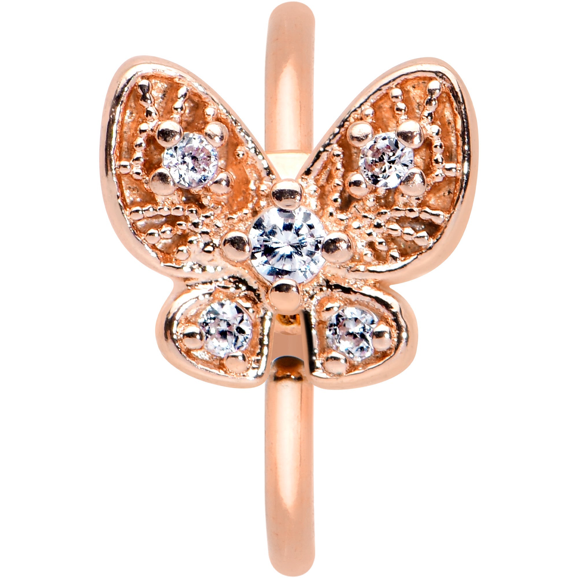 BodyCandy 20G 5/16 Clear Gem Rose Gold Tone Airy Butterfly Nose Hoop — detail close-up