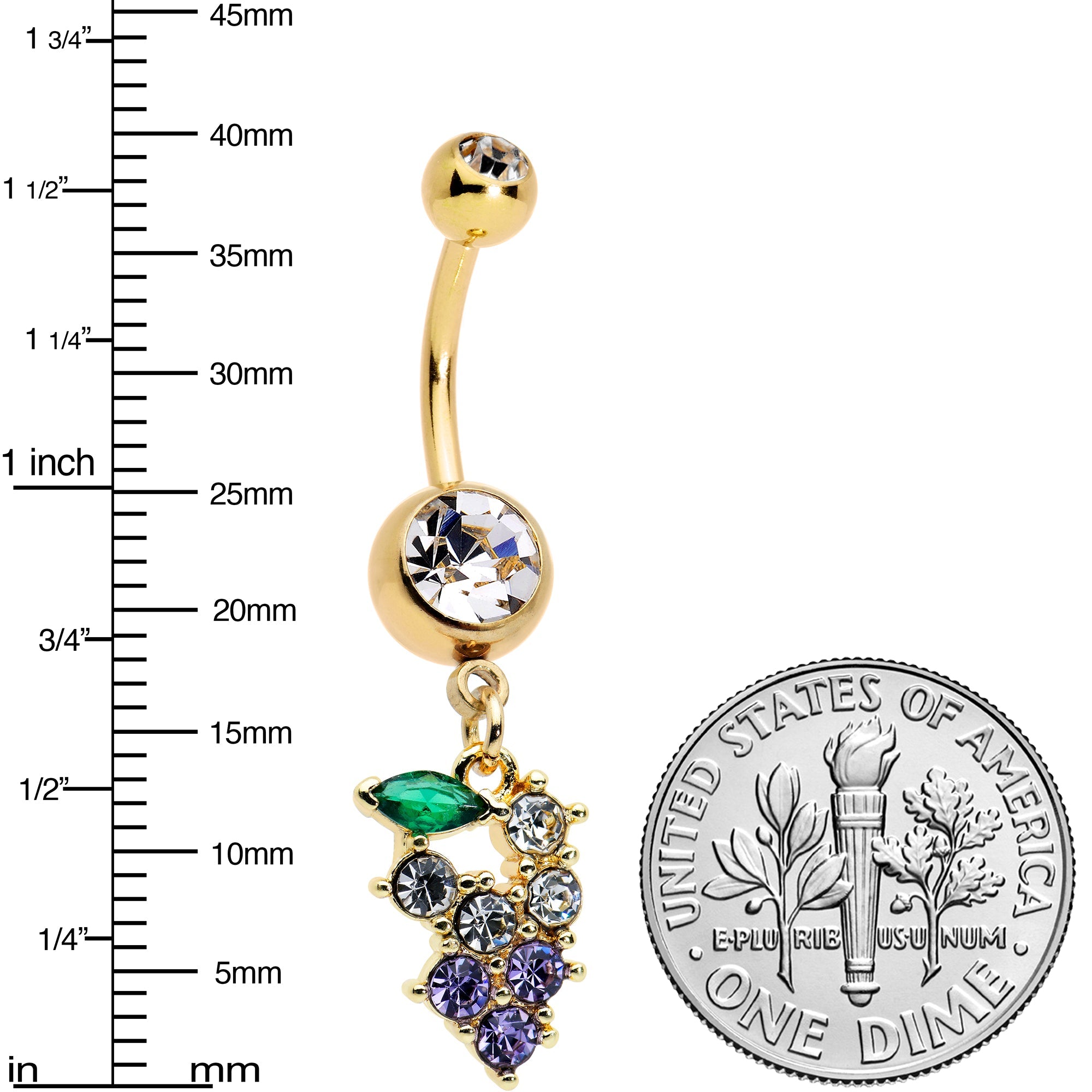 BodyCandy Clear Purple CZ Gem Gold Tone Bunch Grapes Dangle Belly Ring — detail close-up